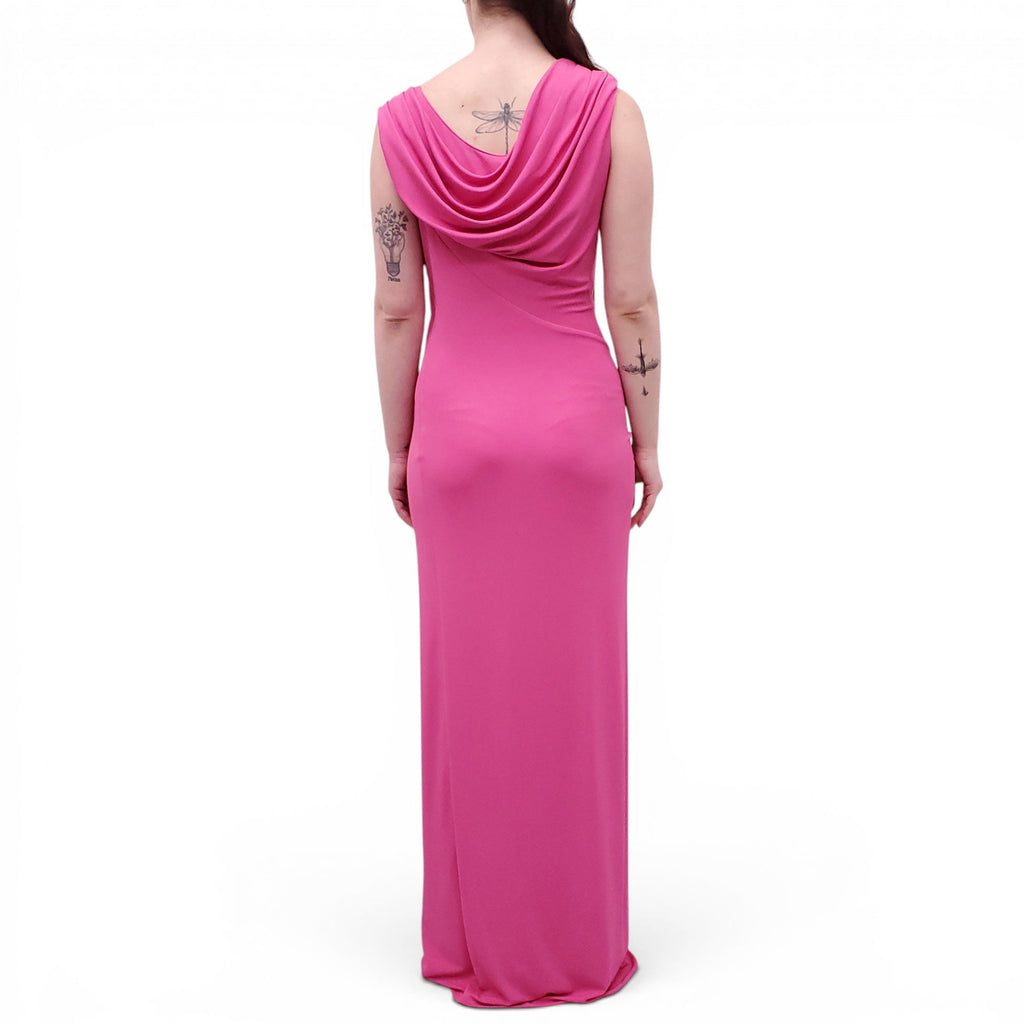 VERSACE PINK EMBELLISHED MEDUSA PIN DRAPED GOWN - SIZE 46