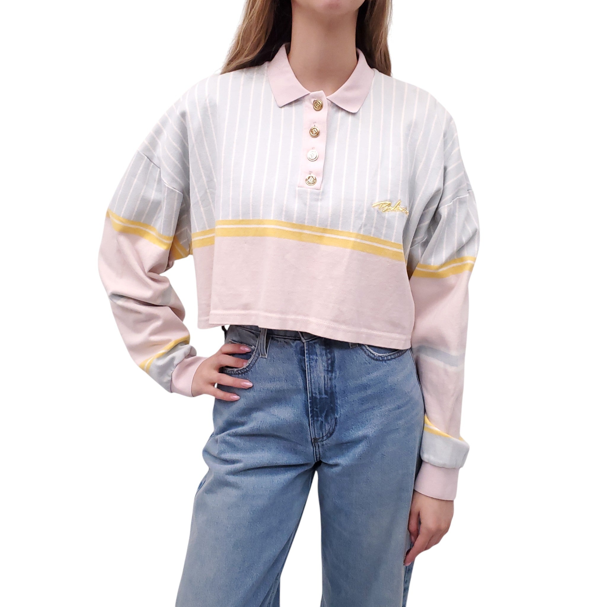 BALMAIN BABY BLUE PINSTRIPE POLO SHIRT WITH LOGO - SIZE 42