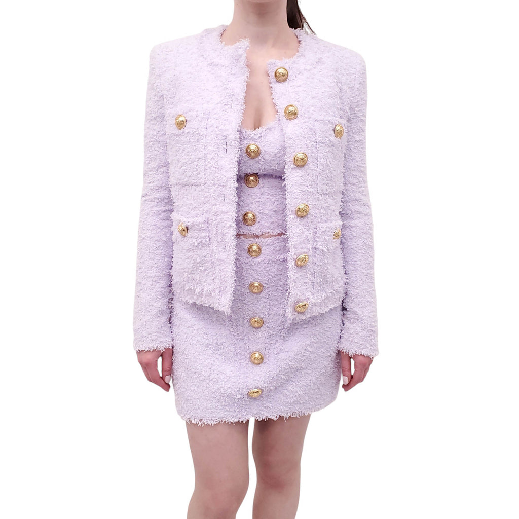 BALMAIN LILAC TWEED SKIRT SET WITH LOGO BUTTONS - SIZE 38
