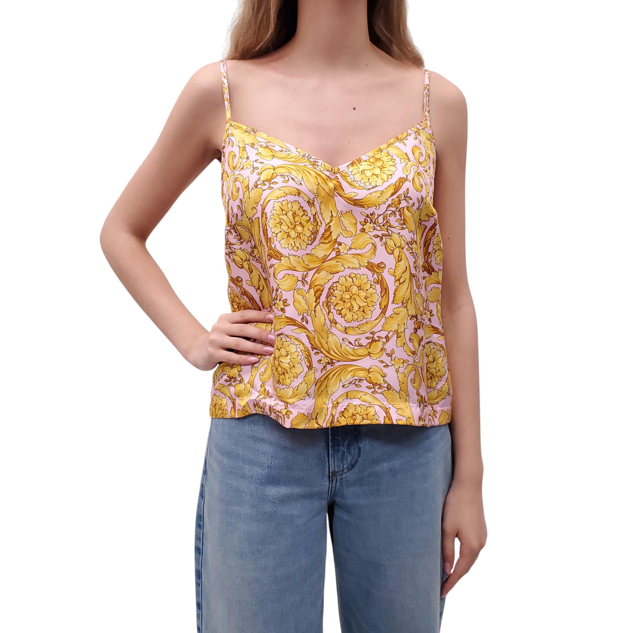 VERSACE PINK AND GOLD BAROCCO PATTERNED TOP - SIZES 3(M) AND 4(L)