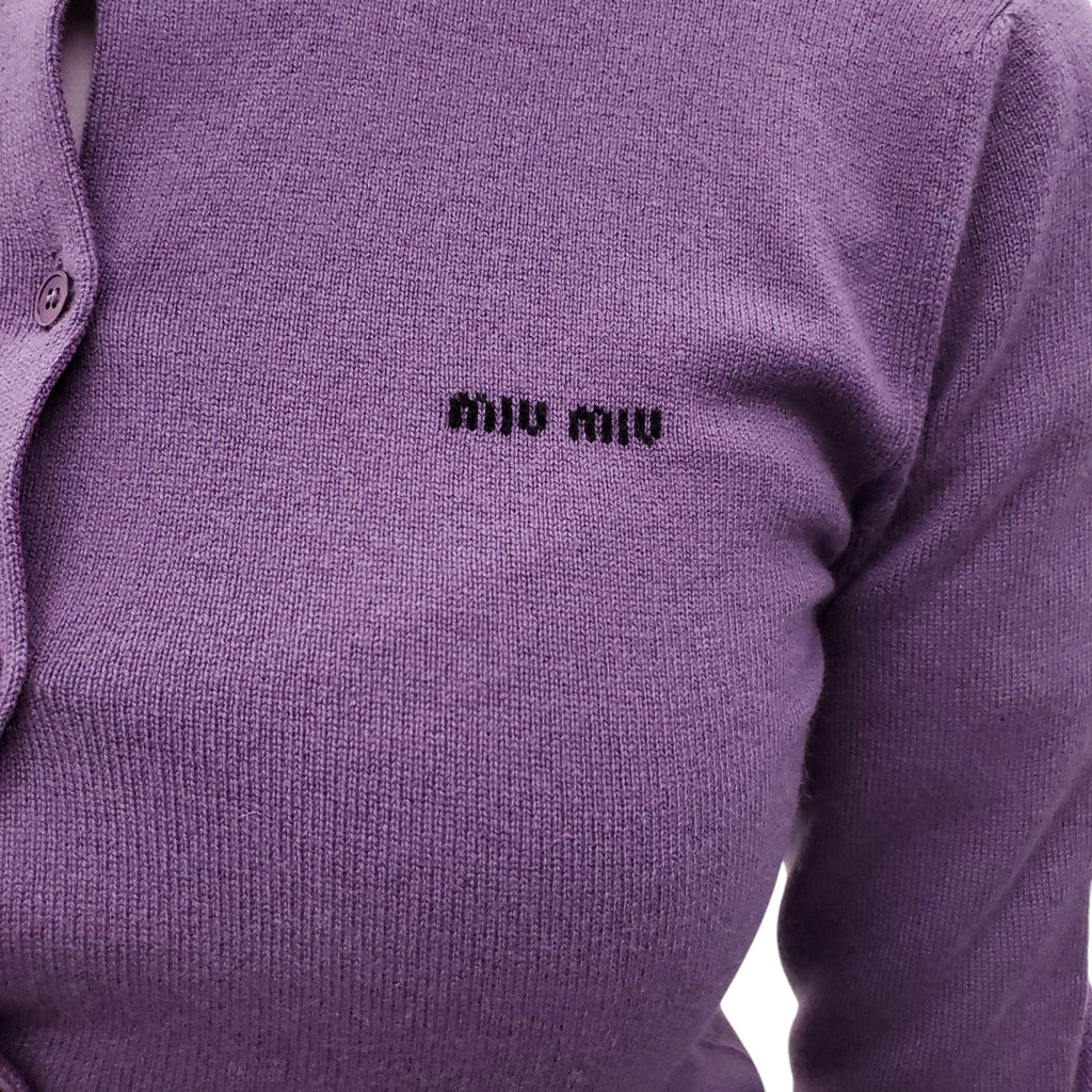 MIU MIU PURPLE CASHMERE CARDIGAN WITH LOGO - SIZE 38