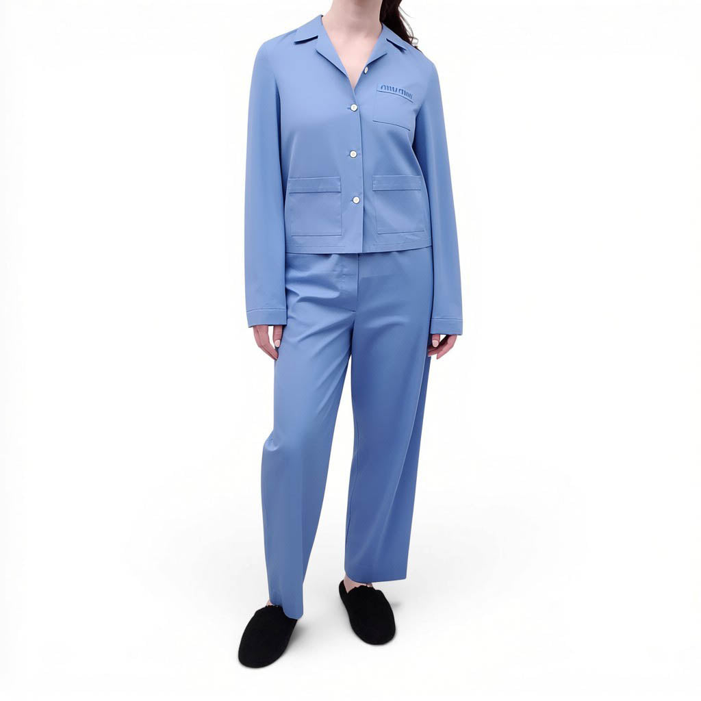 MIU MIU BLUE POPLIN PAJAMA LOGO BLOUSE AND PANTS SET - SIZE 36