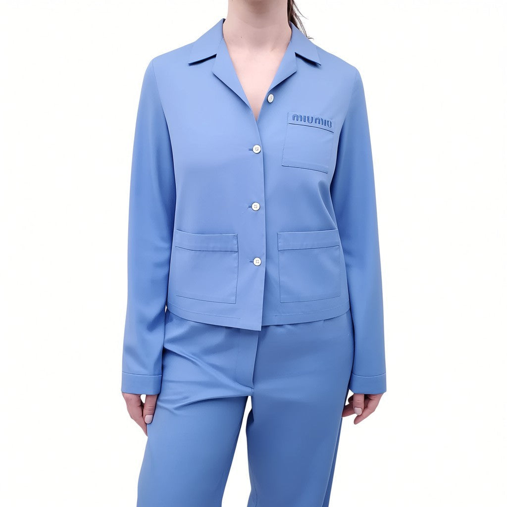 MIU MIU BLUE POPLIN PAJAMA LOGO BLOUSE AND PANTS SET - SIZE 36