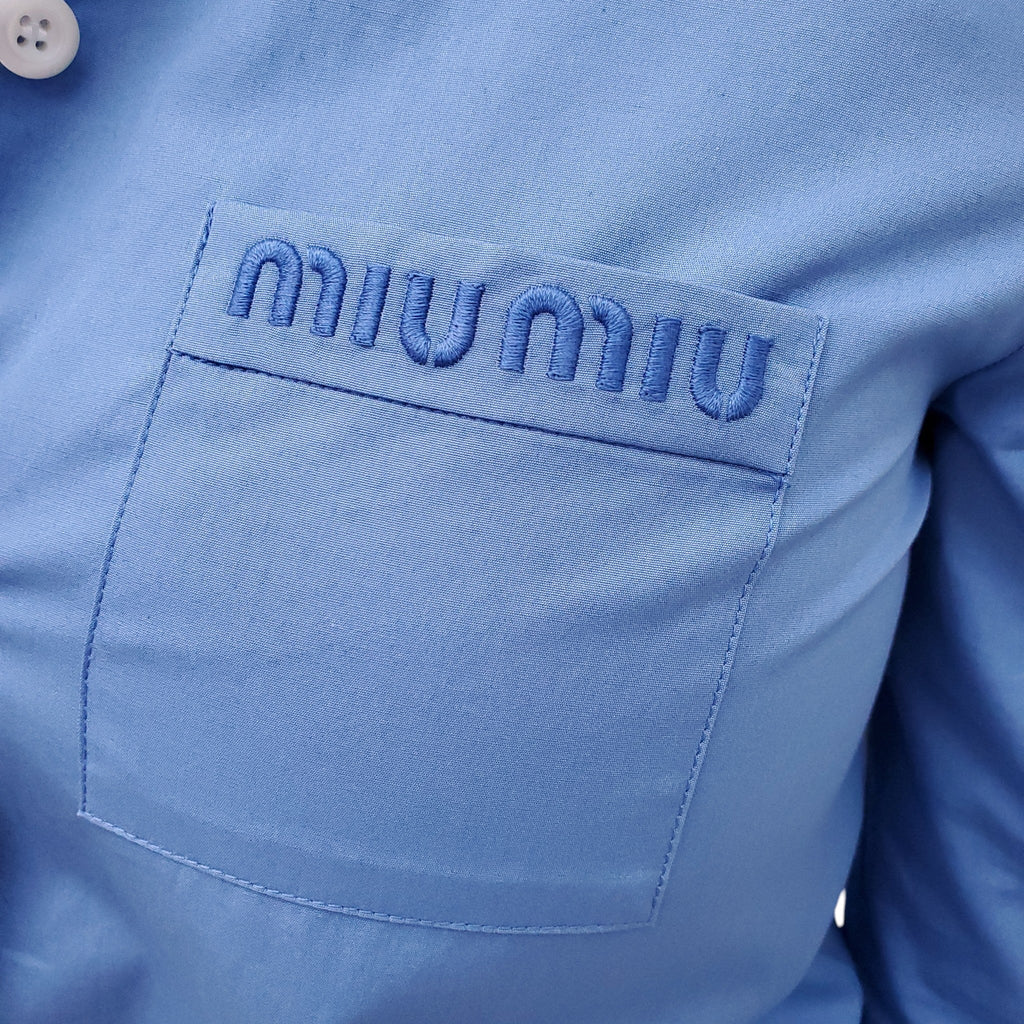 MIU MIU BLUE POPLIN PAJAMA LOGO BLOUSE AND PANTS SET - SIZE 36
