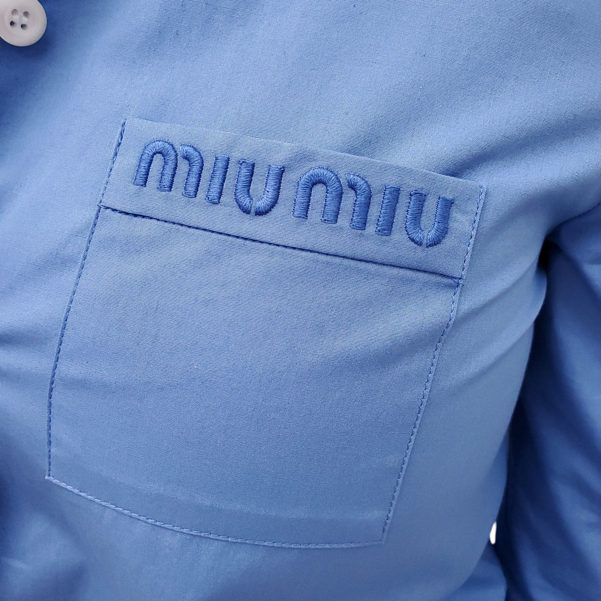 MIU MIU BLUE POPLIN PAJAMA LOGO BLOUSE AND PANTS SET - SIZE 36