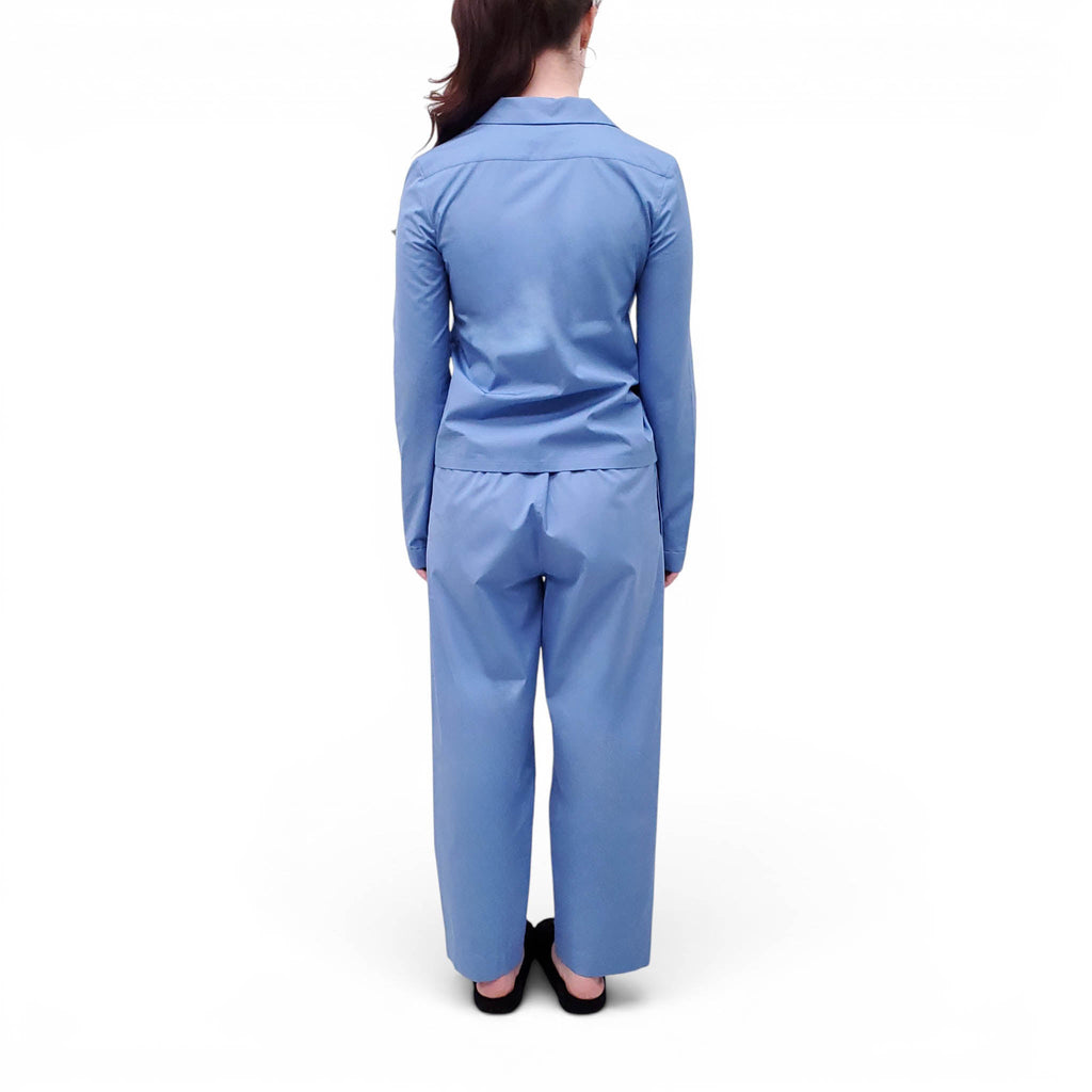 MIU MIU BLUE POPLIN PAJAMA LOGO BLOUSE AND PANTS SET - SIZE 36