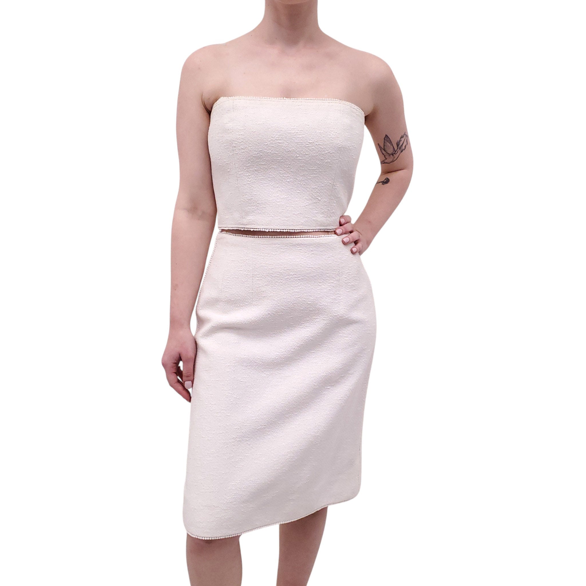 CHANEL CREAM THREE-PIECE SUIT WITH BUSTIER, SKIRT AND JACKET - SIZE 42
