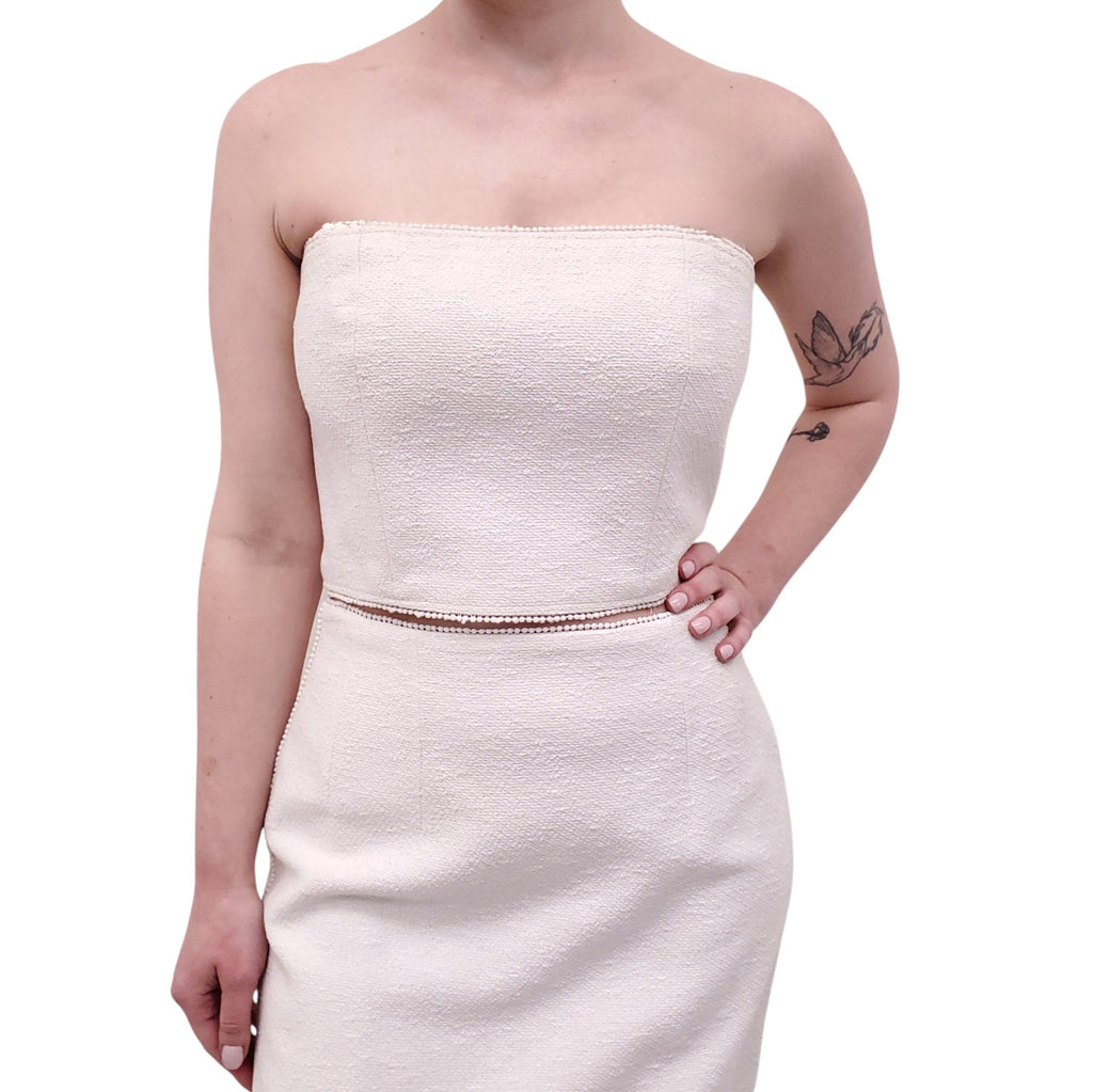 CHANEL CREAM THREE-PIECE SUIT WITH BUSTIER, SKIRT AND JACKET - SIZE 42