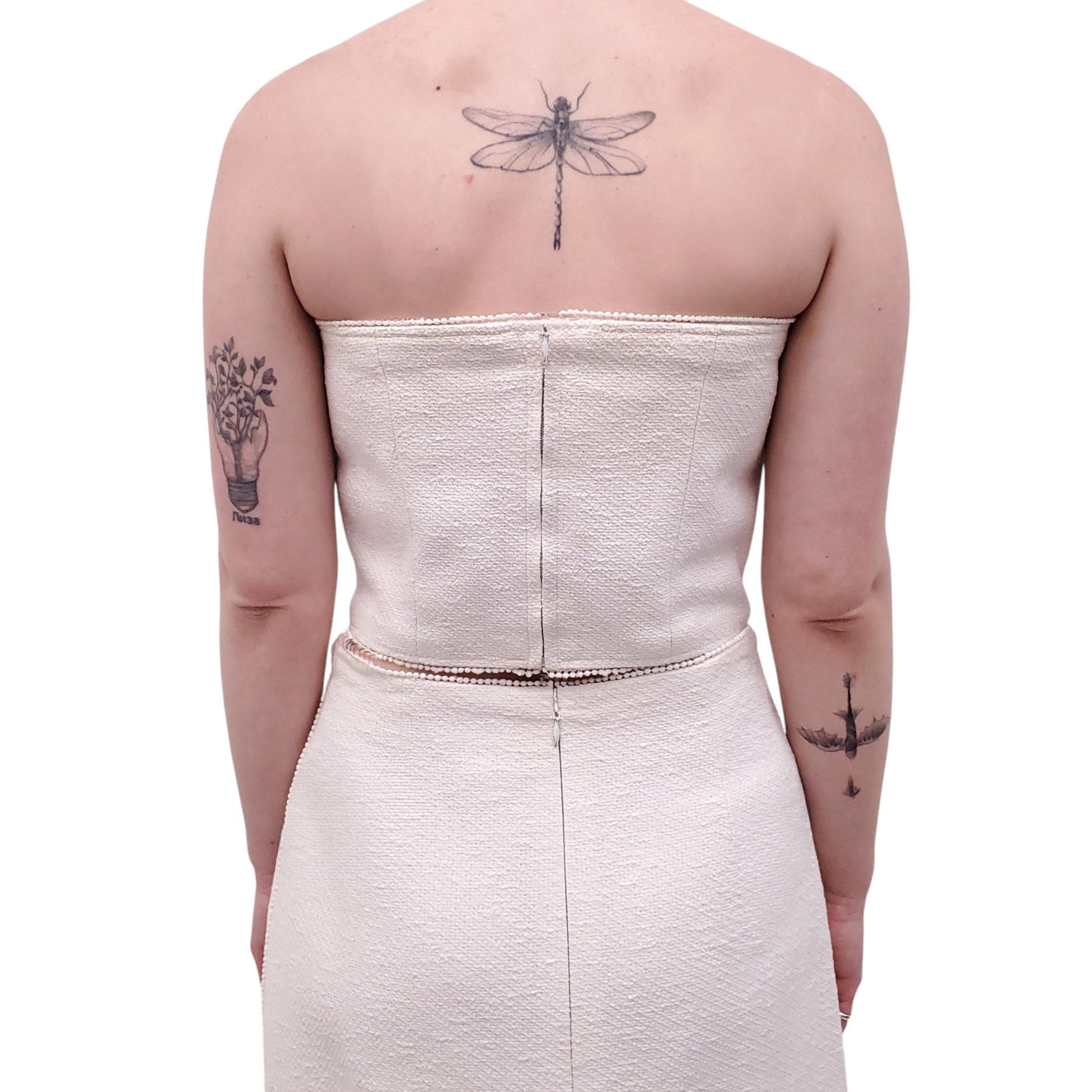 CHANEL CREAM THREE-PIECE SUIT WITH BUSTIER, SKIRT AND JACKET - SIZE 42