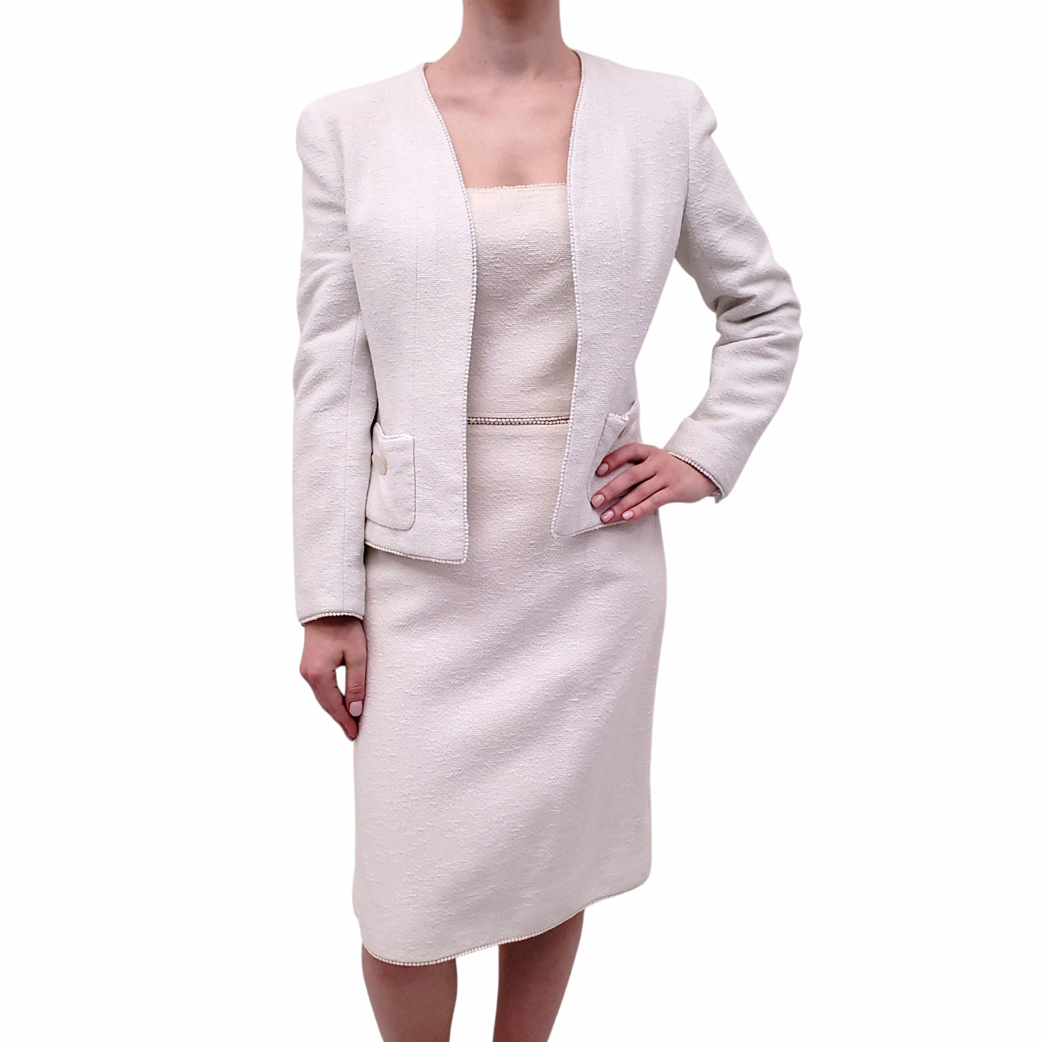 CHANEL CREAM THREE-PIECE SUIT WITH BUSTIER, SKIRT AND JACKET - SIZE 42