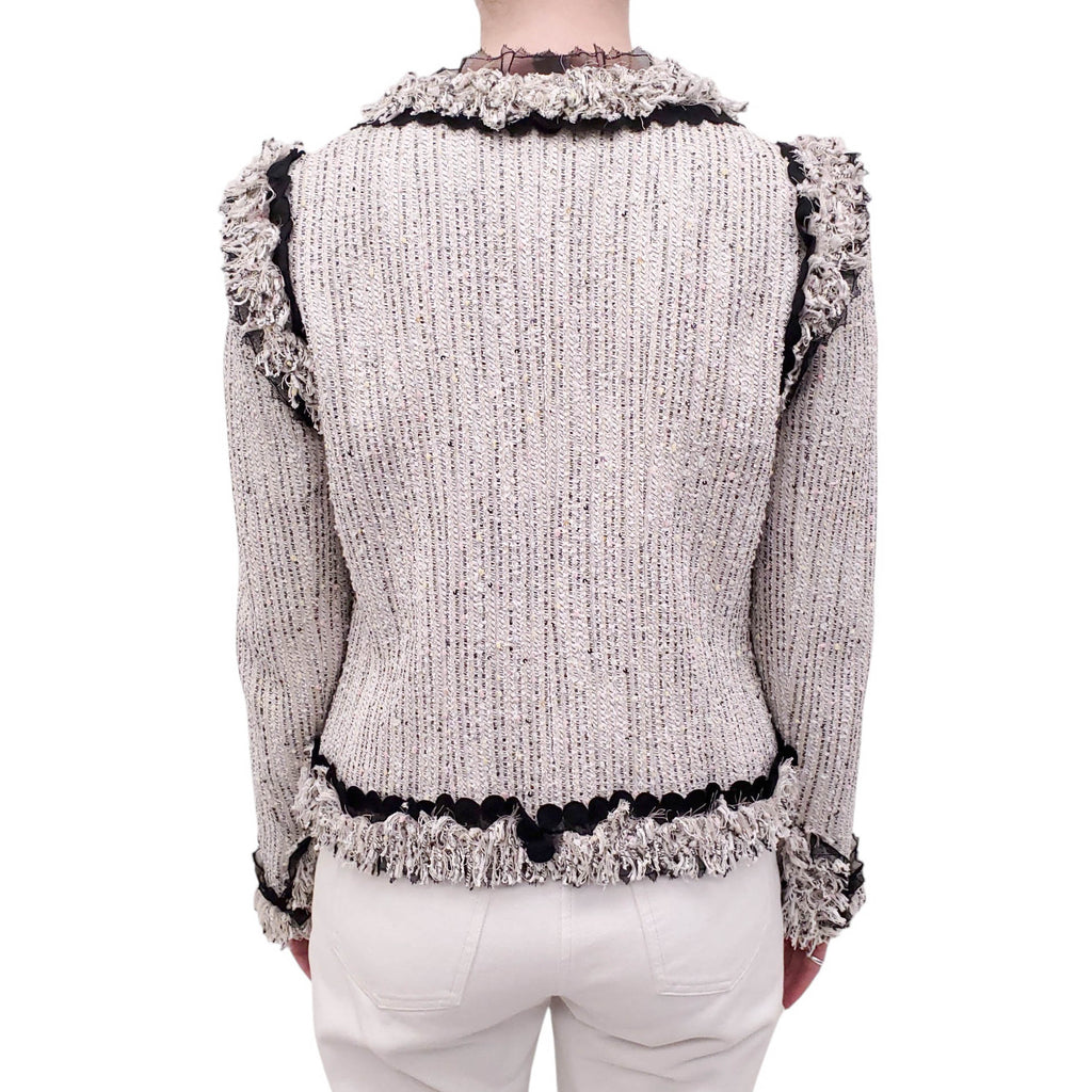 CHANEL 2004 GREY MULTI-COLOUR TWEED JACKET WITH FRINGE AND MESH DETAIL - SIZE 40
