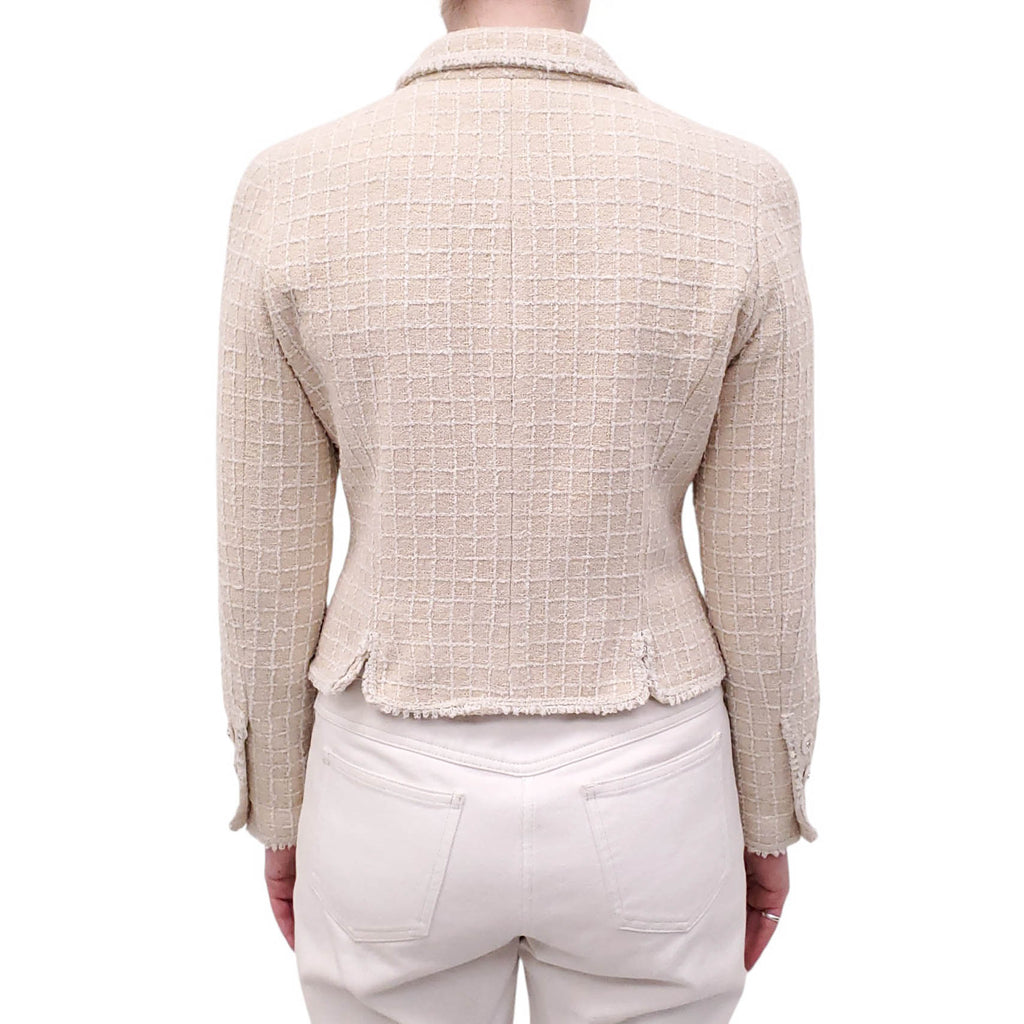 CHANEL 1998 BEIGE AND CREAM TWEED PLAID JACKET WITH MOTHER OF PEARL LOGO BUTTONS - SIZE 38