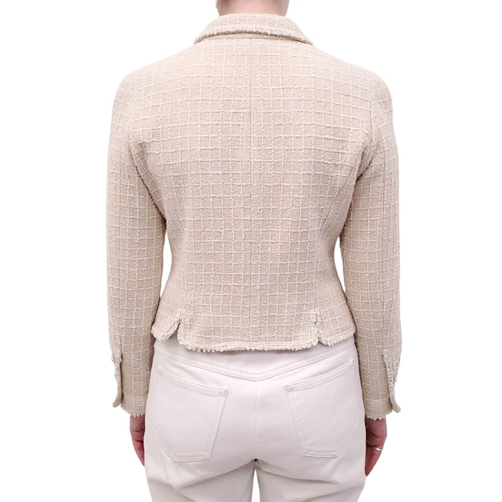 CHANEL 1998 BEIGE AND CREAM TWEED PLAID JACKET WITH MOTHER OF PEARL LOGO BUTTONS - SIZE 38