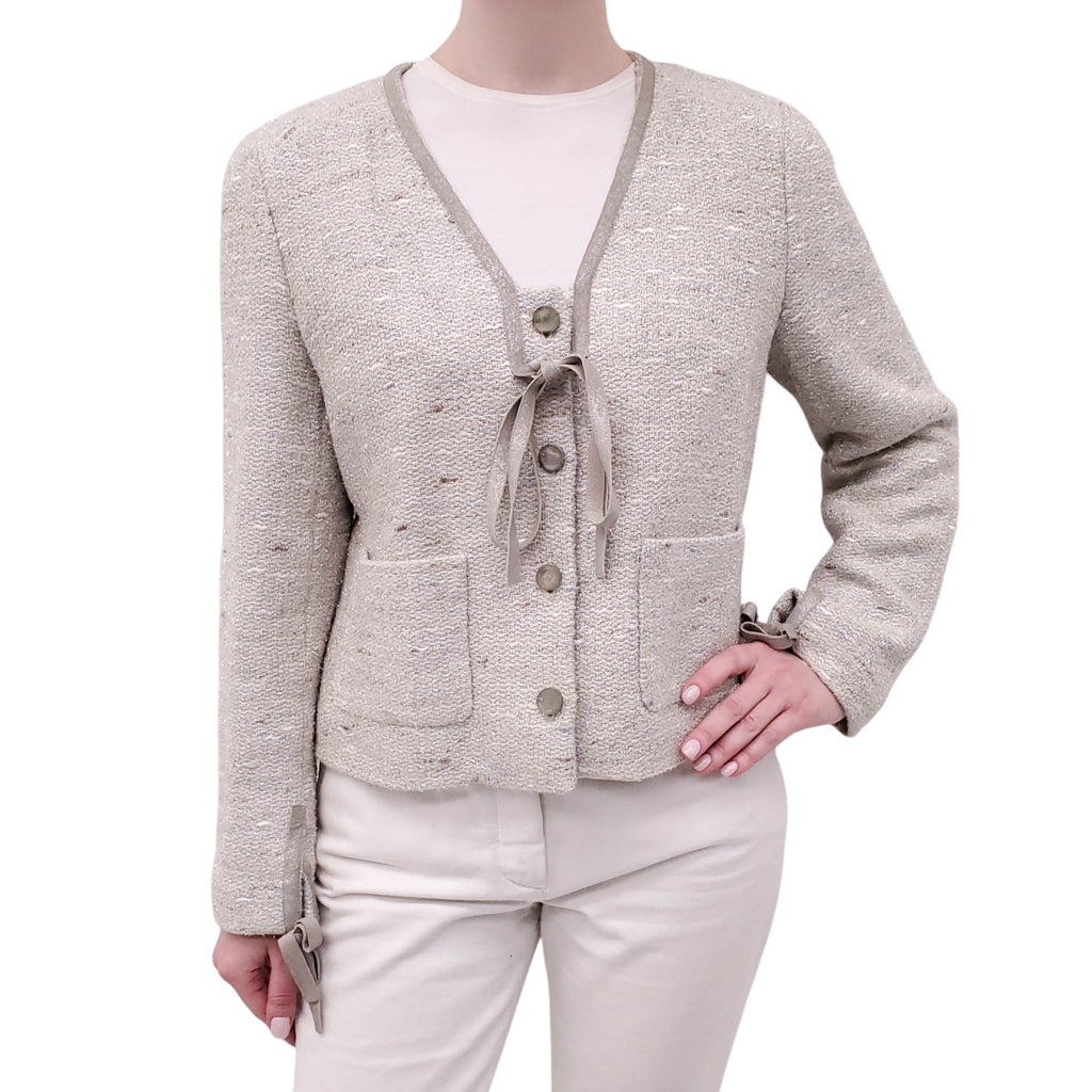 CHANEL F/W 1999 SILVER METALLIC JACKET WITH TIE DETAILS - SIZE 42