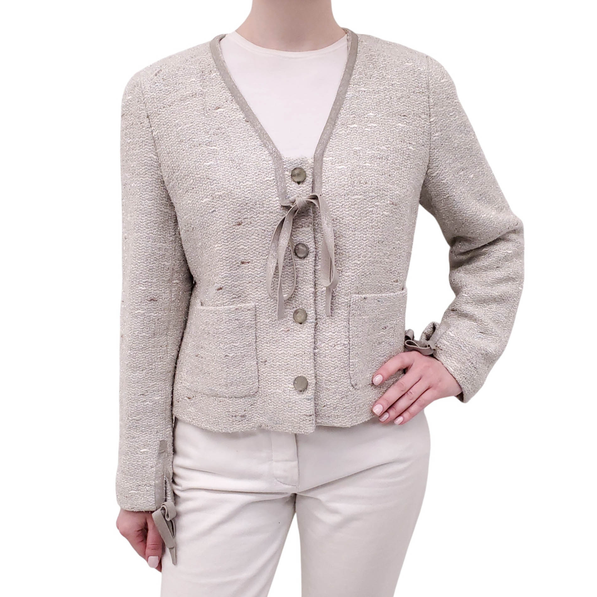 CHANEL F/W 1999 SILVER METALLIC JACKET WITH TIE DETAILS - SIZE 42