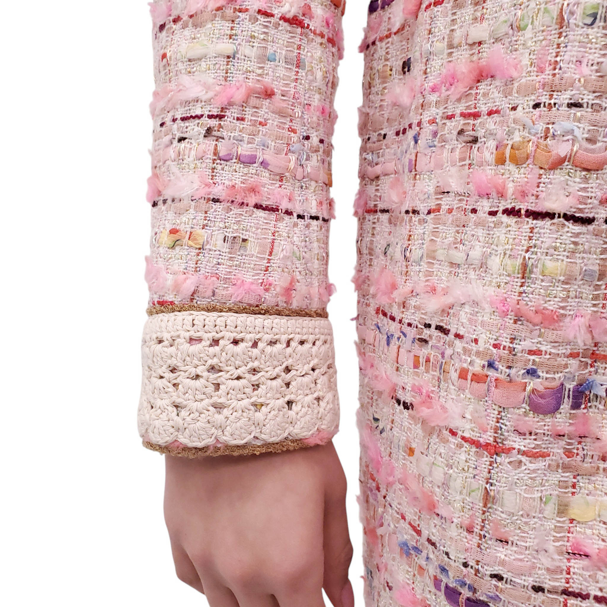 CHANEL 2004 PINK TWEED LONG COAT WITH CROCHET DETAIL AND BELT - SIZE 42