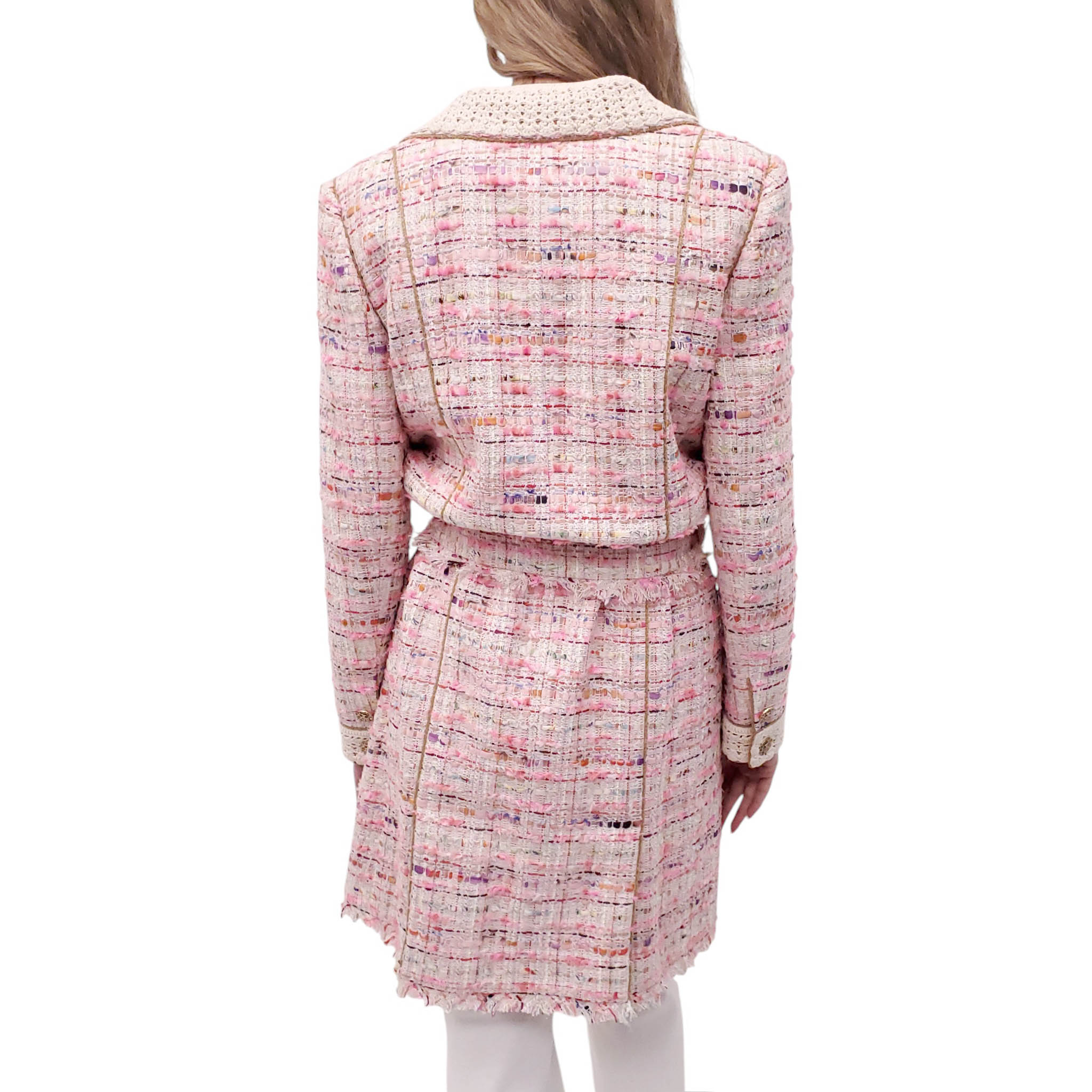CHANEL 2004 PINK TWEED LONG COAT WITH CROCHET DETAIL AND BELT - SIZE 42