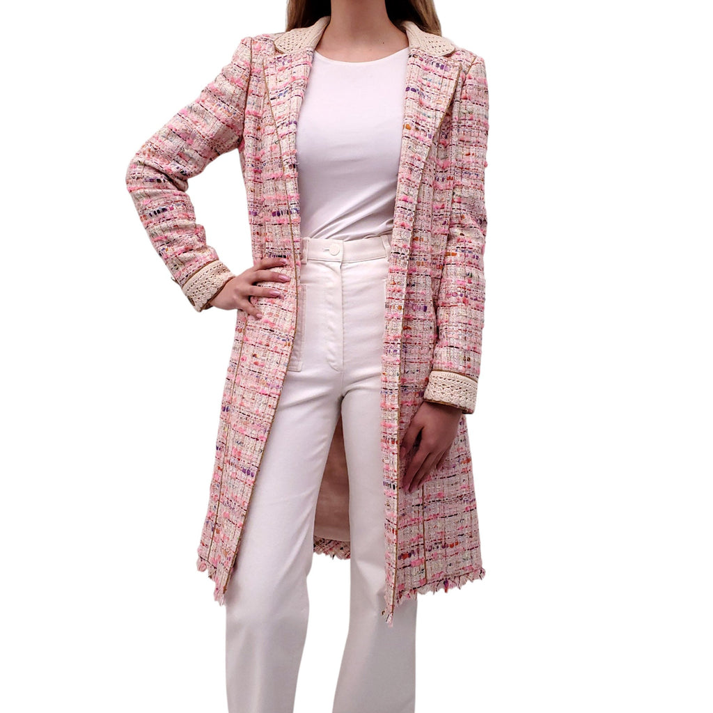 CHANEL 2004 PINK TWEED LONG COAT WITH CROCHET DETAIL AND BELT - SIZE 42