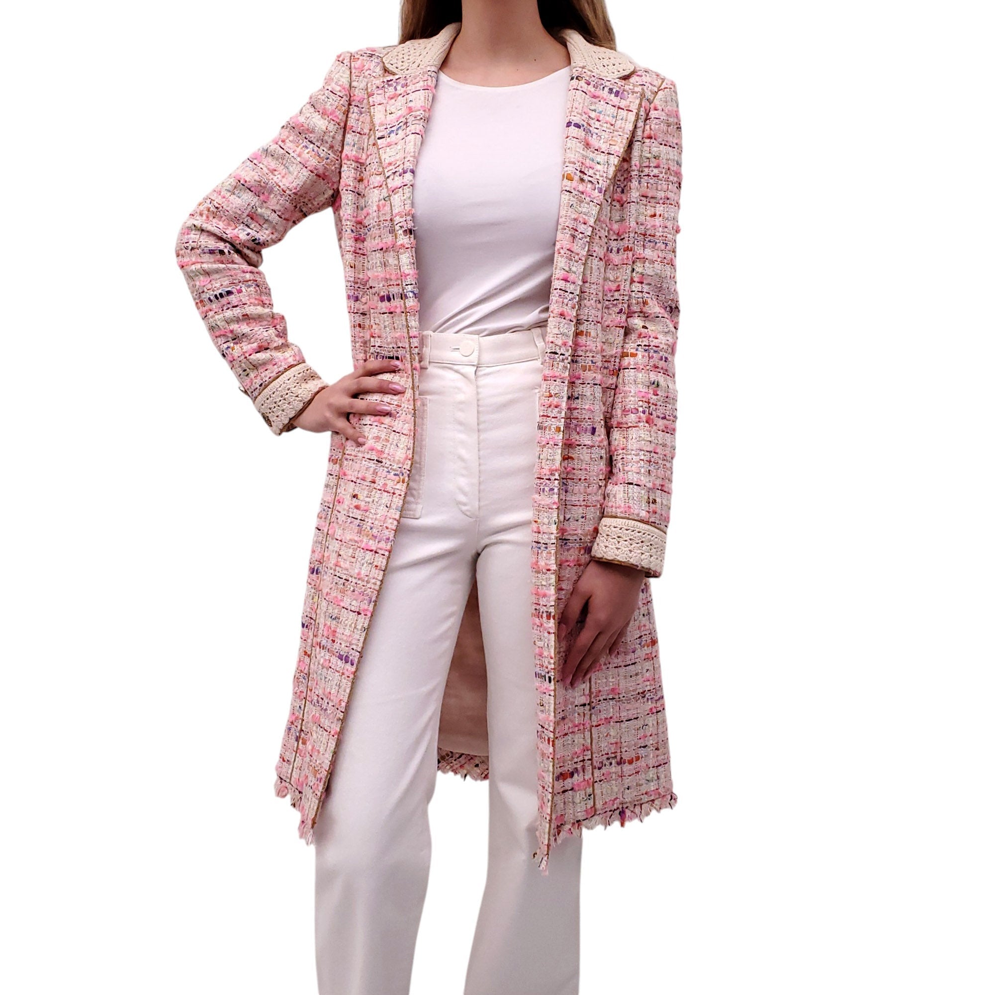 CHANEL 2004 PINK TWEED LONG COAT WITH CROCHET DETAIL AND BELT - SIZE 42