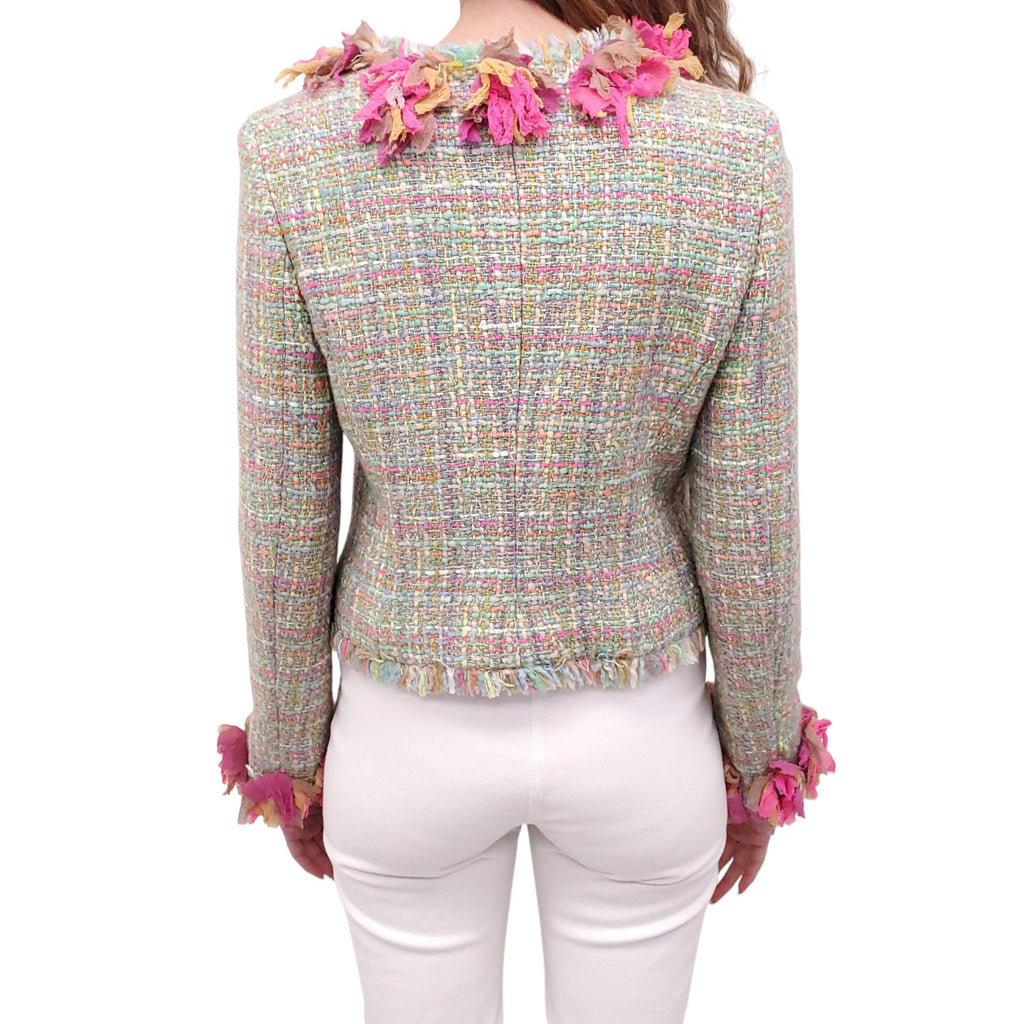 CHANEL GREEN AND PINK TWEED JACKET WITH SILK FLORAL TRIM - SIZE 38