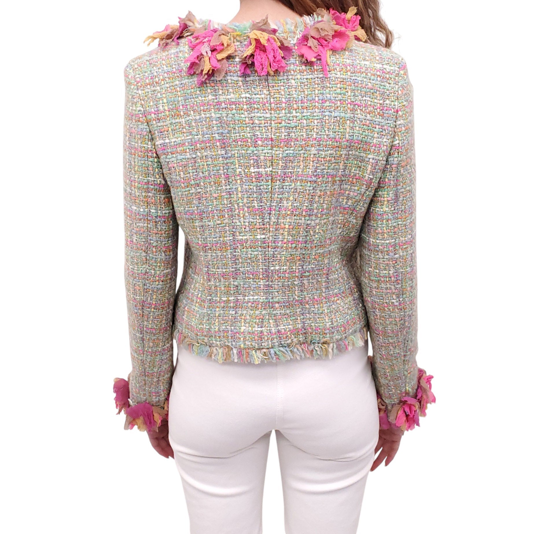 CHANEL GREEN AND PINK TWEED JACKET WITH SILK FLORAL TRIM - SIZE 38