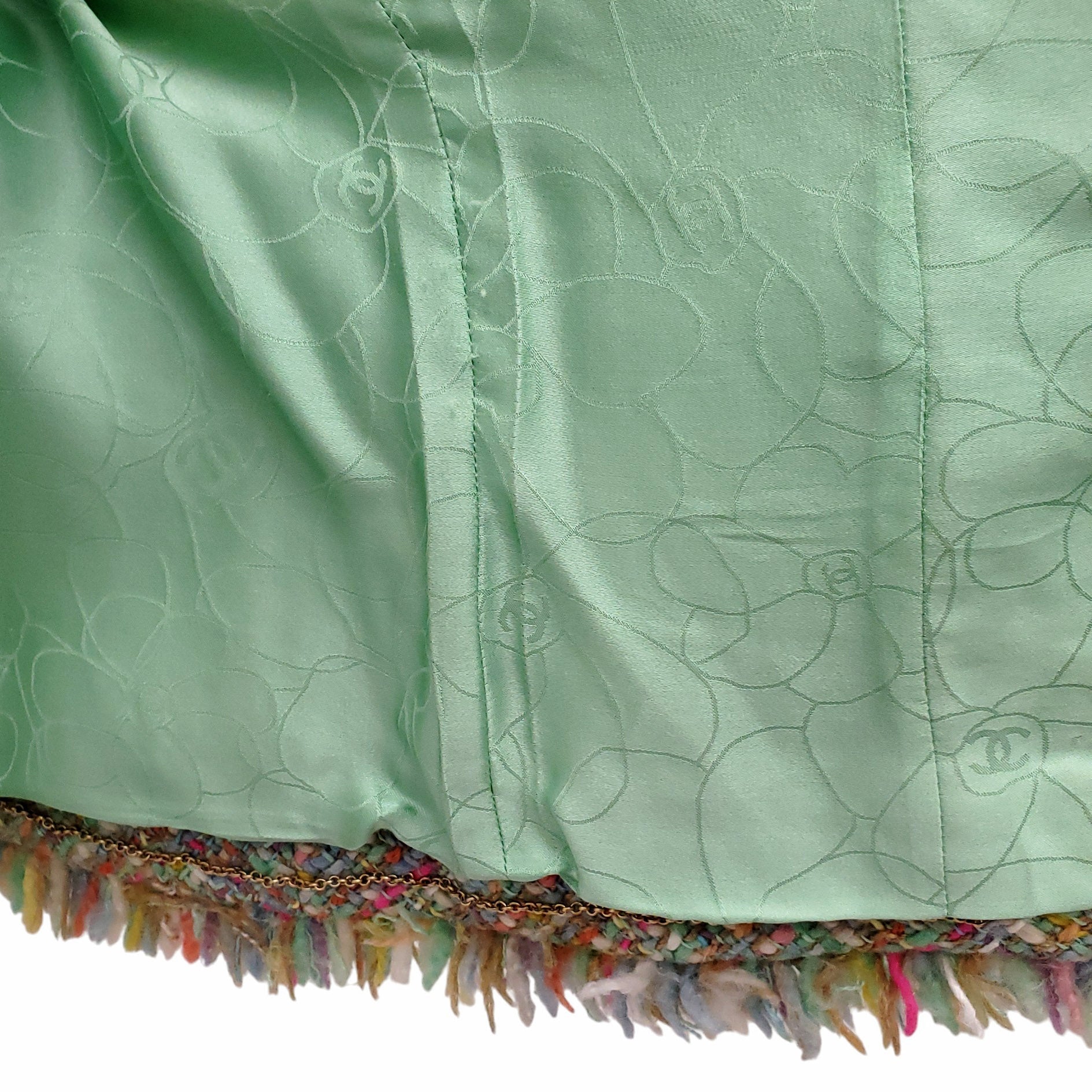 CHANEL GREEN AND PINK TWEED JACKET WITH SILK FLORAL TRIM - SIZE 38