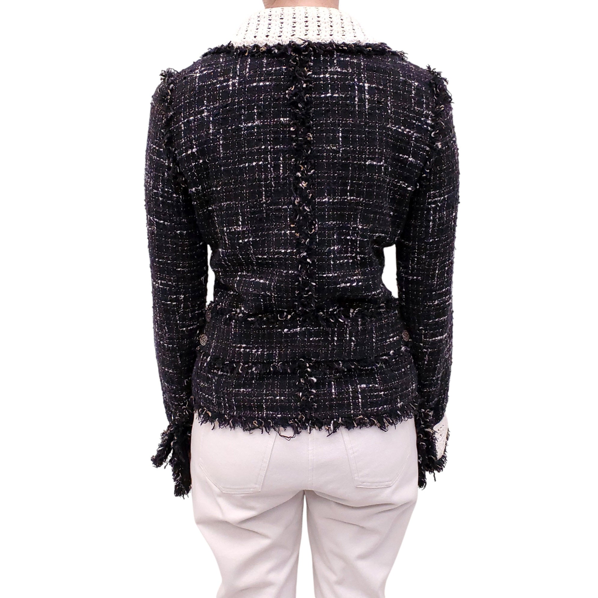 CHANEL 2004 BLACK, TAN AND WHITE TWEED JACKET WITH CROCHET AND FRINGE DETAIL - SIZE 36