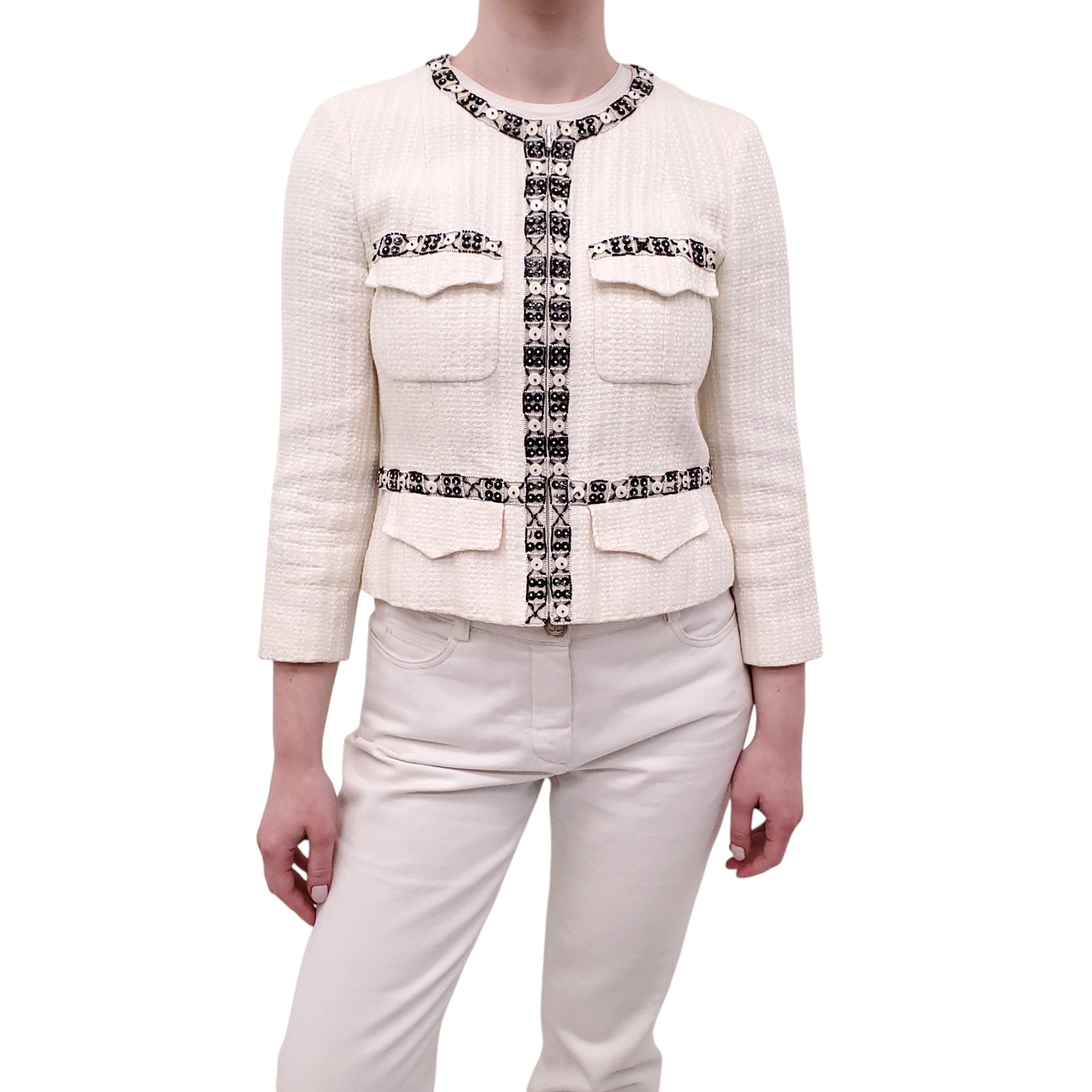 CHANEL CREAM ZIP UP JACKET WITH FLORAL BEADED TRIM AND LOGO DETAIL - SIZE 40
