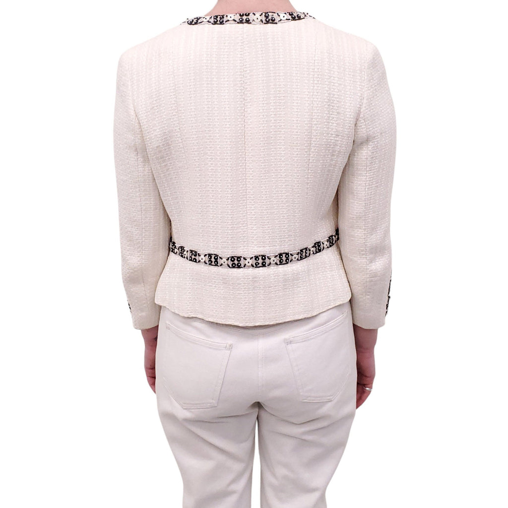 CHANEL CREAM ZIP UP JACKET WITH FLORAL BEADED TRIM AND LOGO DETAIL - SIZE 40