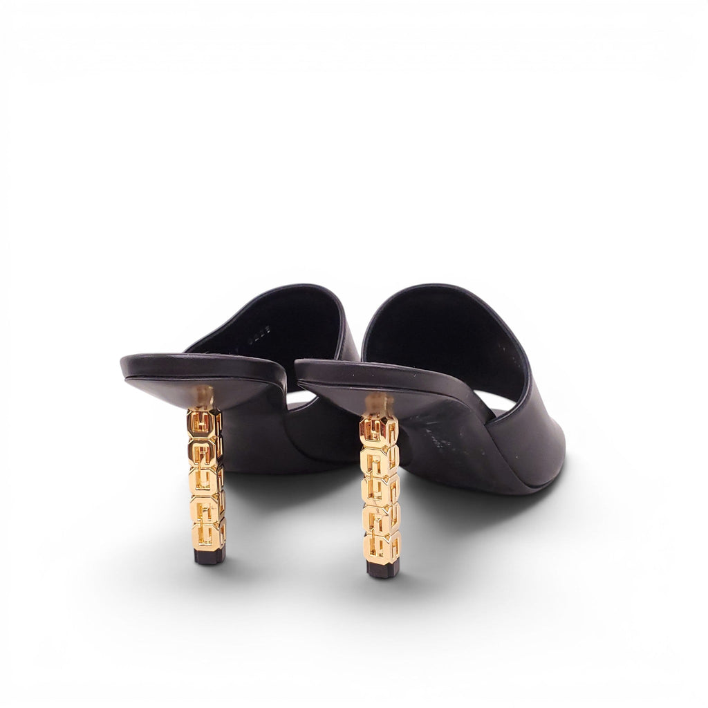 GIVENCHY BLACK MULES WITH GOLD LOGO HEELS - SIZE 37