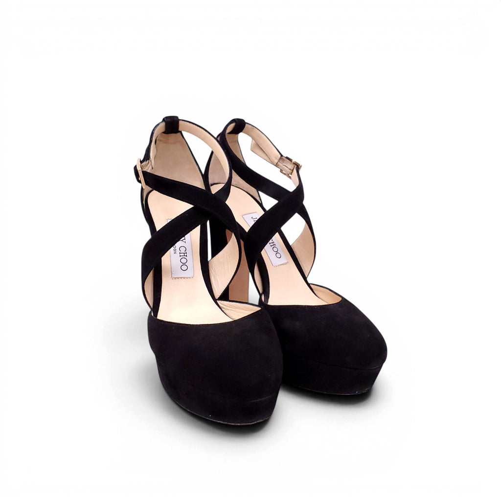 JIMMY CHOO SUEDE PLATFORM STRAPPY PUMPS - SIZE 37