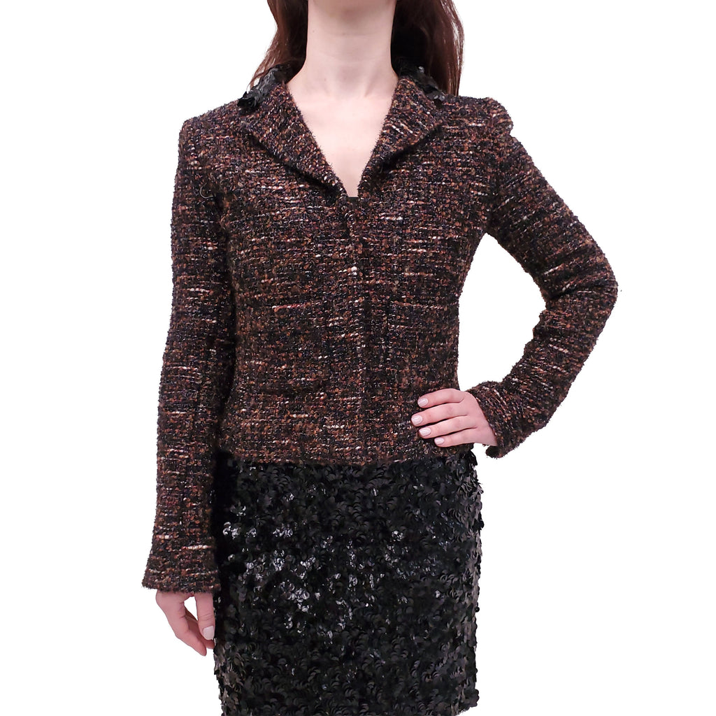 CHANEL BROWN AND BLACK METALLIC TWEED JACKET WITH PAILLETTE SEQUIN COLLAR - SIZE 40