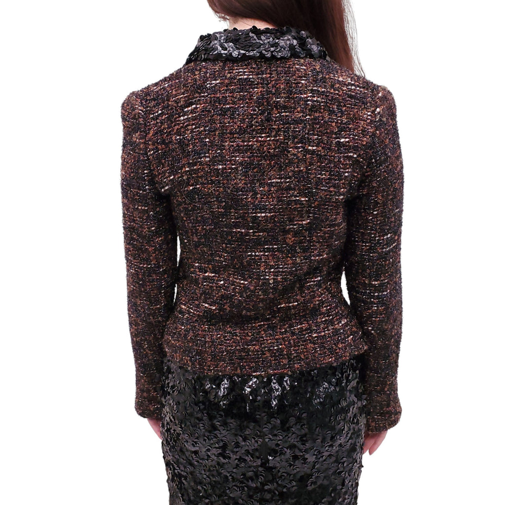 CHANEL BROWN AND BLACK METALLIC TWEED JACKET WITH PAILLETTE SEQUIN COLLAR - SIZE 40
