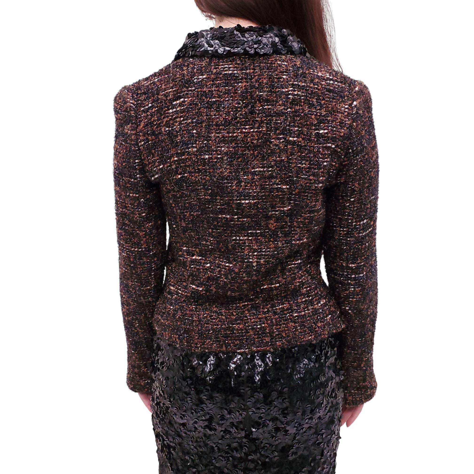 CHANEL BROWN AND BLACK METALLIC TWEED JACKET WITH PAILLETTE SEQUIN COLLAR - SIZE 40