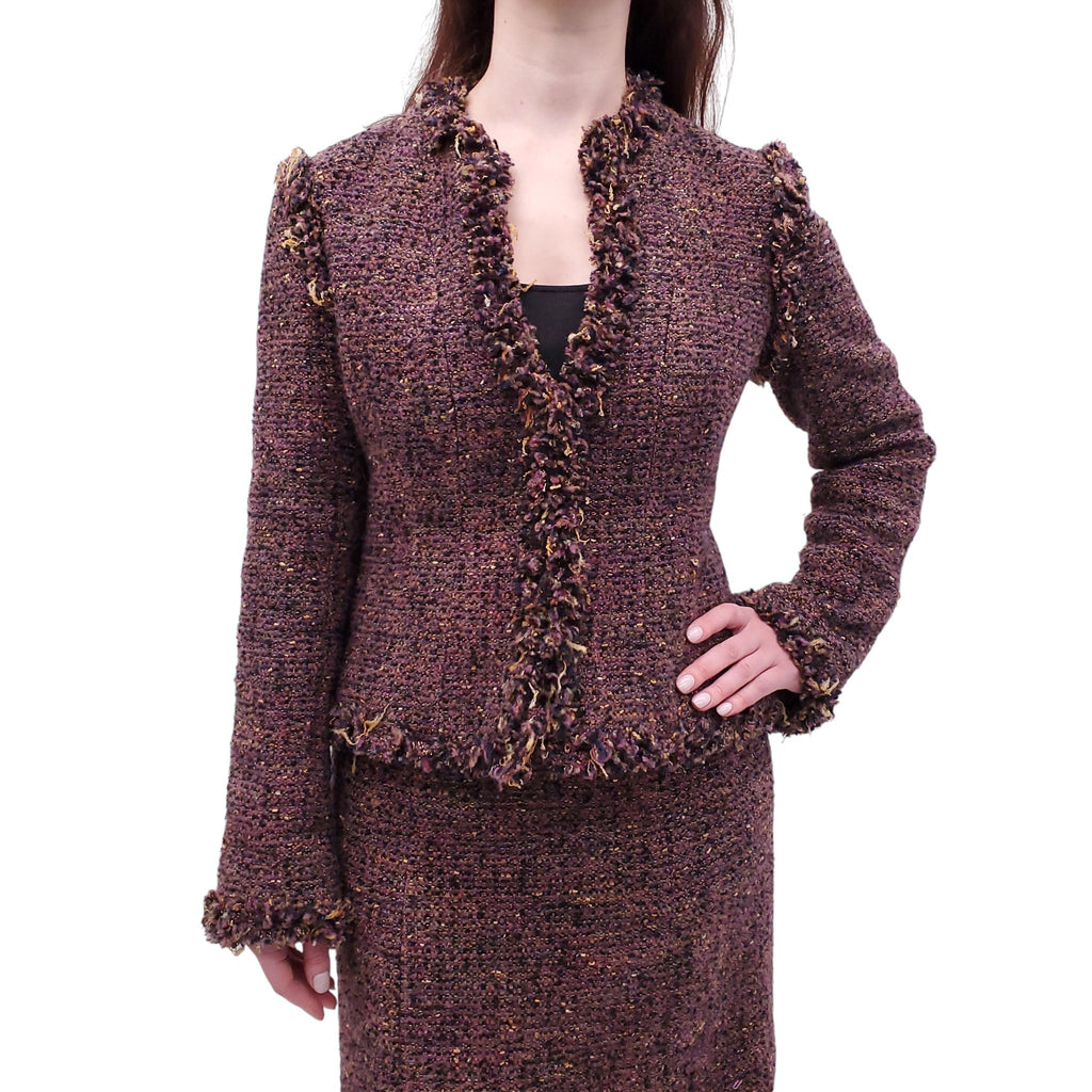 CHANEL F/W 2003 PURPLE TWEED SUIT WITH FRINGE DETAIL - SIZE 42