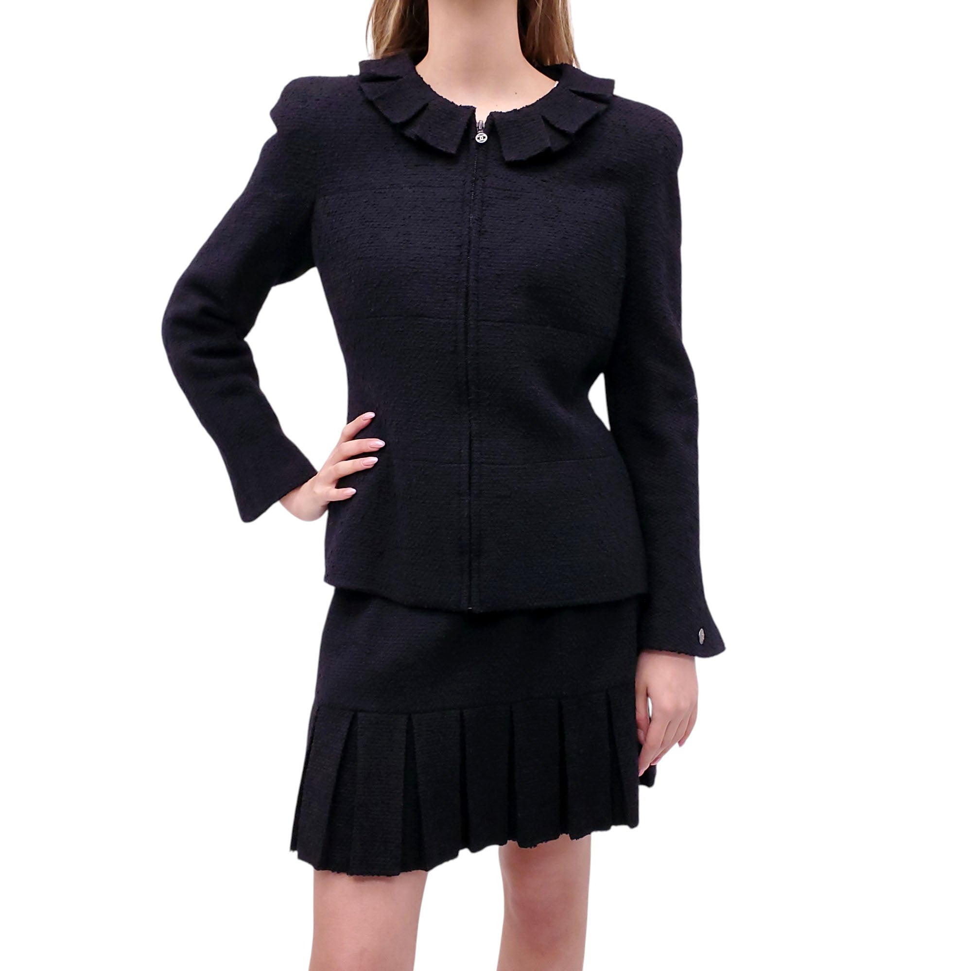 CHANEL 1997 BLACK TWEED SUIT WITH RUFFLE DETAIL - SIZE 38