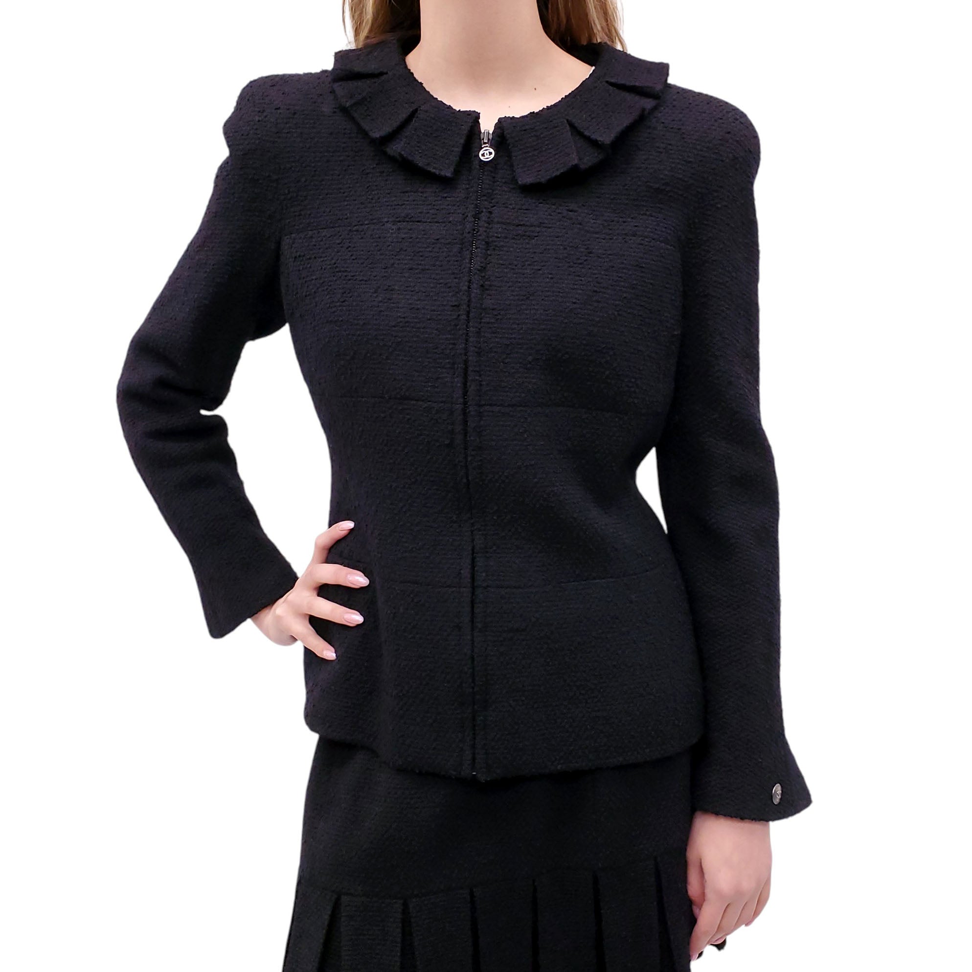 CHANEL 1997 BLACK TWEED SUIT WITH RUFFLE DETAIL - SIZE 38