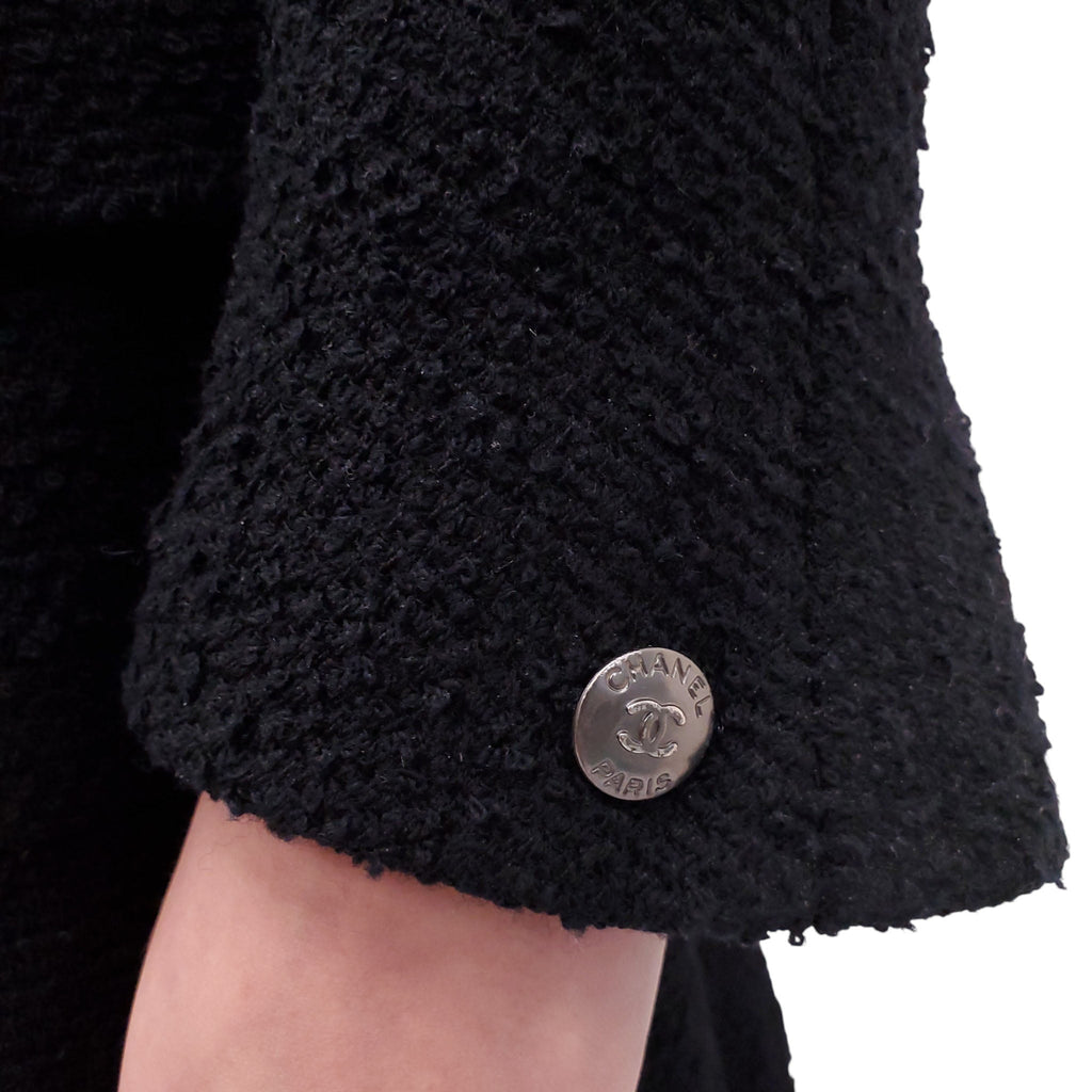 CHANEL 1997 BLACK TWEED SUIT WITH RUFFLE DETAIL - SIZE 38
