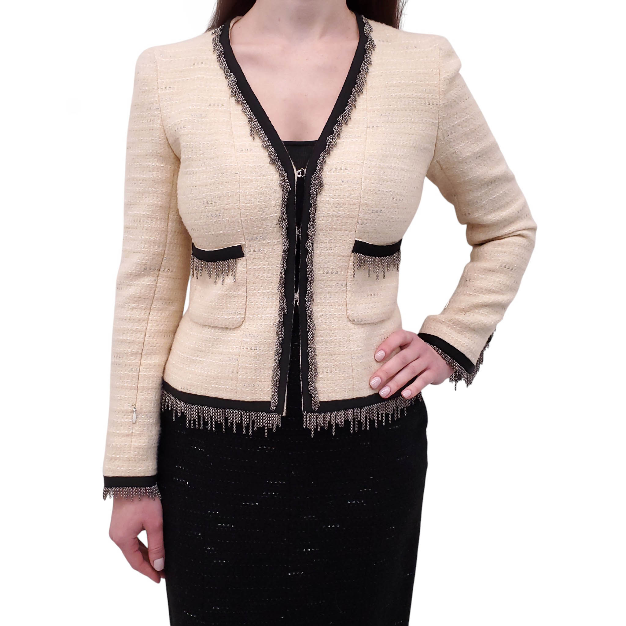 CHANEL CREAM AND BLACK TWEED CHAIN FRINGE TRIMMED JACKET WITH OWL BUTTONS - SIZE 38