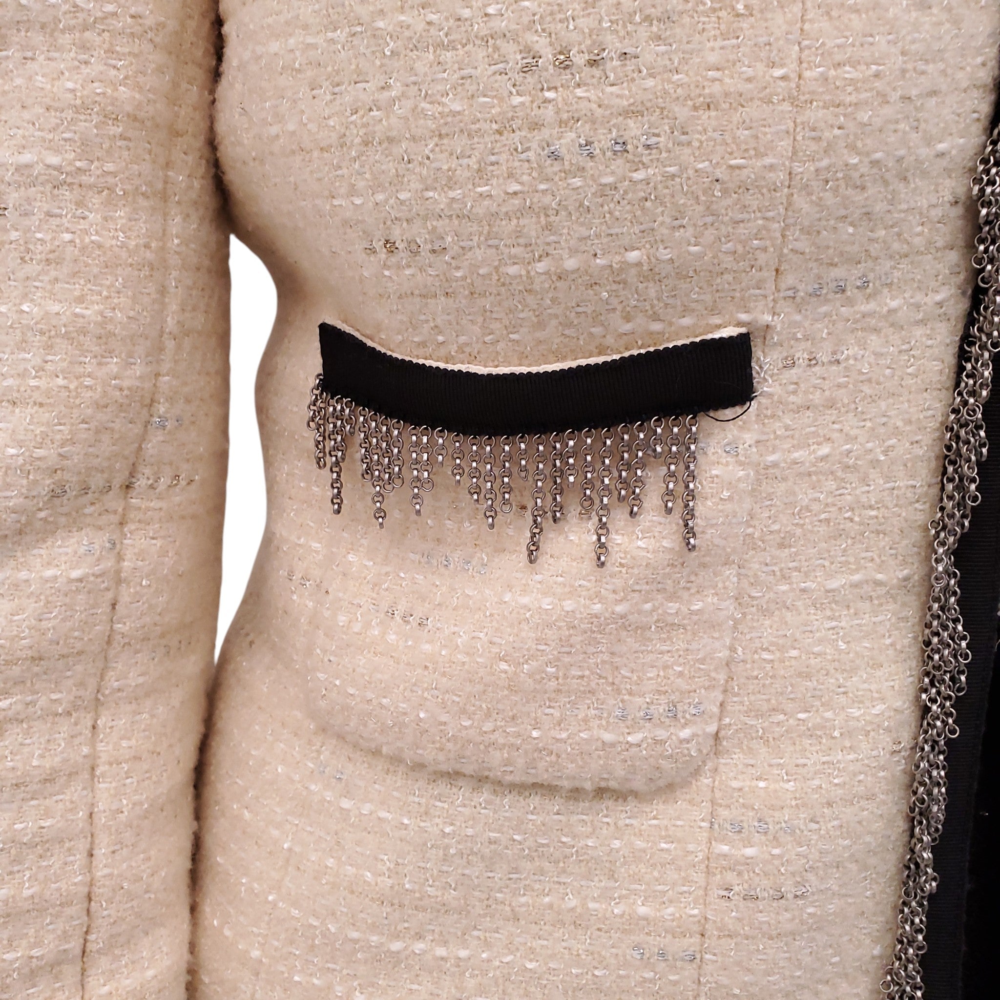 CHANEL CREAM AND BLACK TWEED CHAIN FRINGE TRIMMED JACKET WITH OWL BUTTONS - SIZE 38