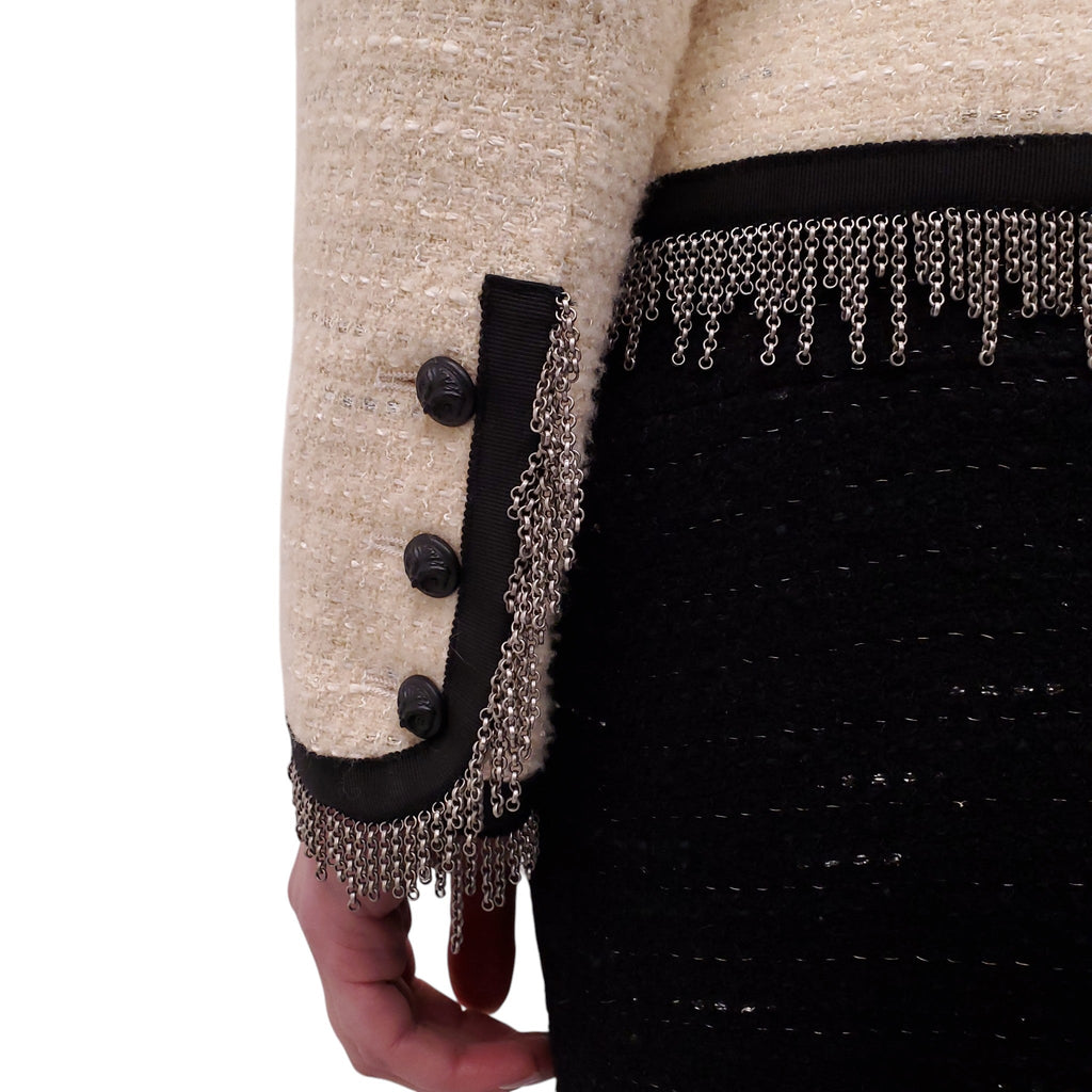 CHANEL CREAM AND BLACK TWEED CHAIN FRINGE TRIMMED JACKET WITH OWL BUTTONS - SIZE 38