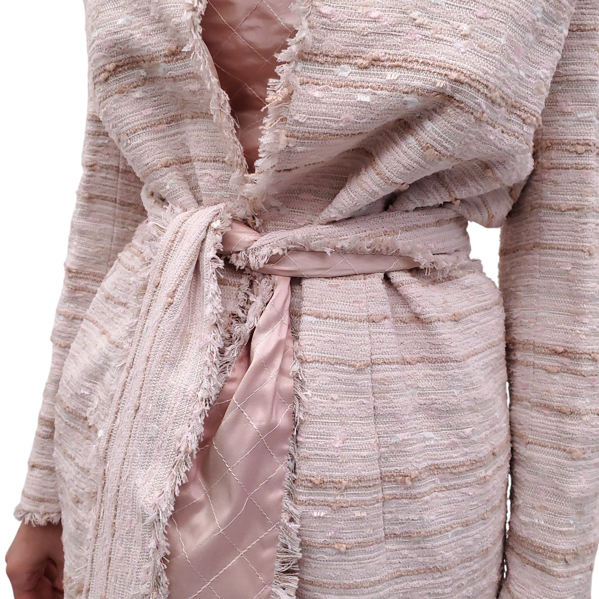 CHANEL S/S 2004 LIGHT PINK TWEED THREE-PIECE SUIT WITH BELT - SIZE 40