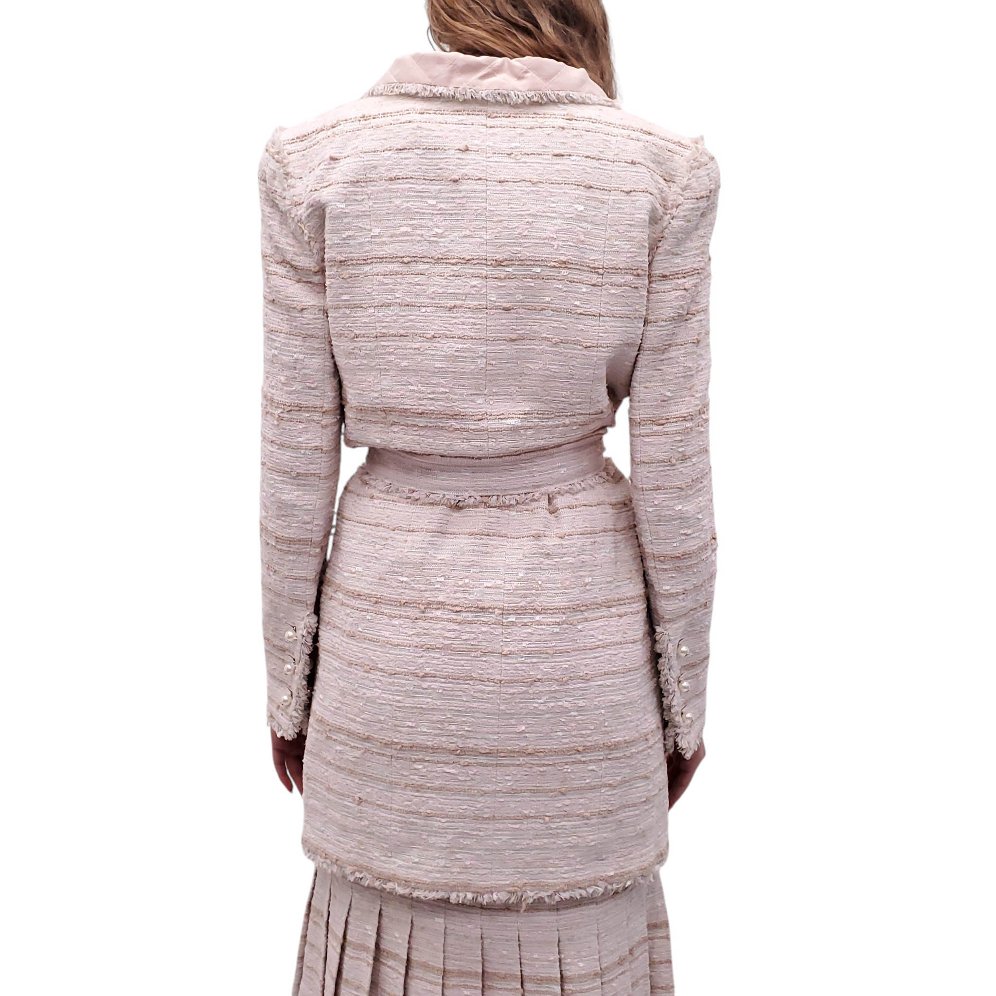 CHANEL S/S 2004 LIGHT PINK TWEED THREE-PIECE SUIT WITH BELT - SIZE 40
