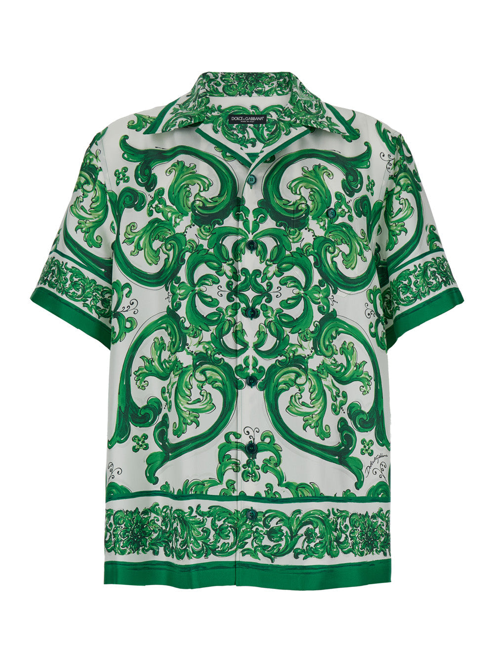Dolce & Gabbana Men 'Palermo' Green And White Bowling Shirt With Majolica Print In Silk Man