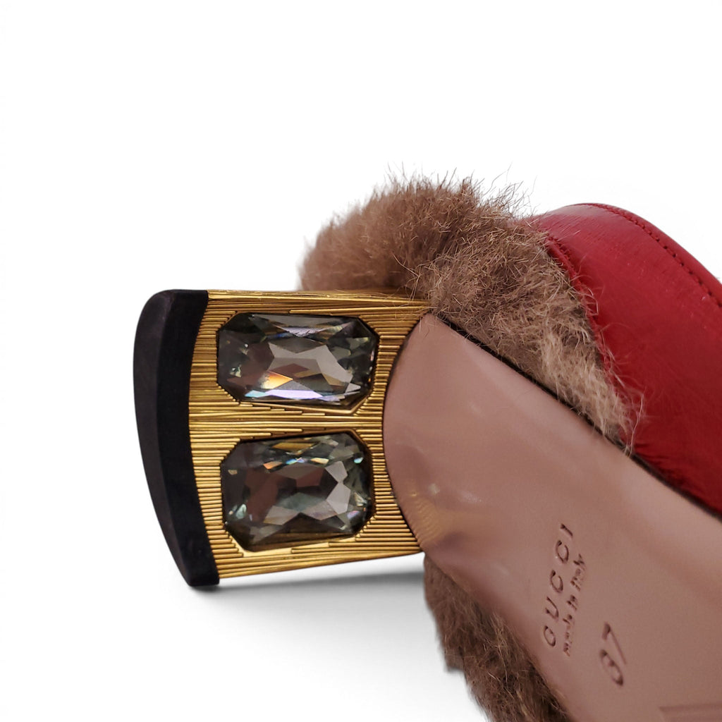 GUCCI RED LEATHER AND FUR SLING BACK KITTEN HEELS WITH CRYSTAL DETAIL - SIZE 37
