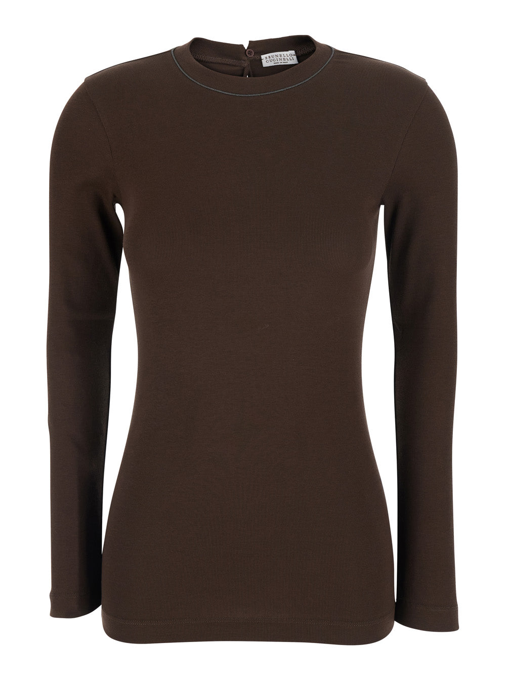Brunello Cucinelli Women Brown Crew Neck T-Shirt With Monil Detail On The Neck And Keyhole Closure At The Back In Cotton For Women