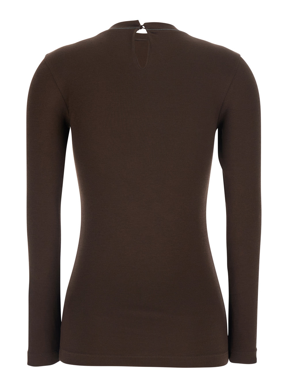 Brunello Cucinelli Women Brown Crew Neck T-Shirt With Monil Detail On The Neck And Keyhole Closure At The Back In Cotton For Women