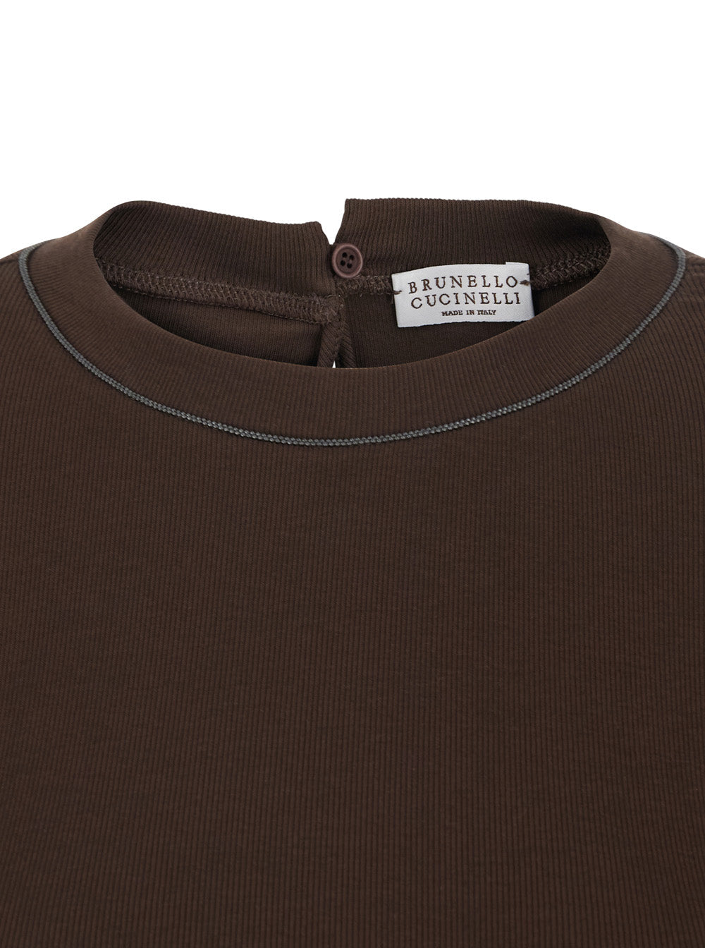 Brunello Cucinelli Women Brown Crew Neck T-Shirt With Monil Detail On The Neck And Keyhole Closure At The Back In Cotton For Women