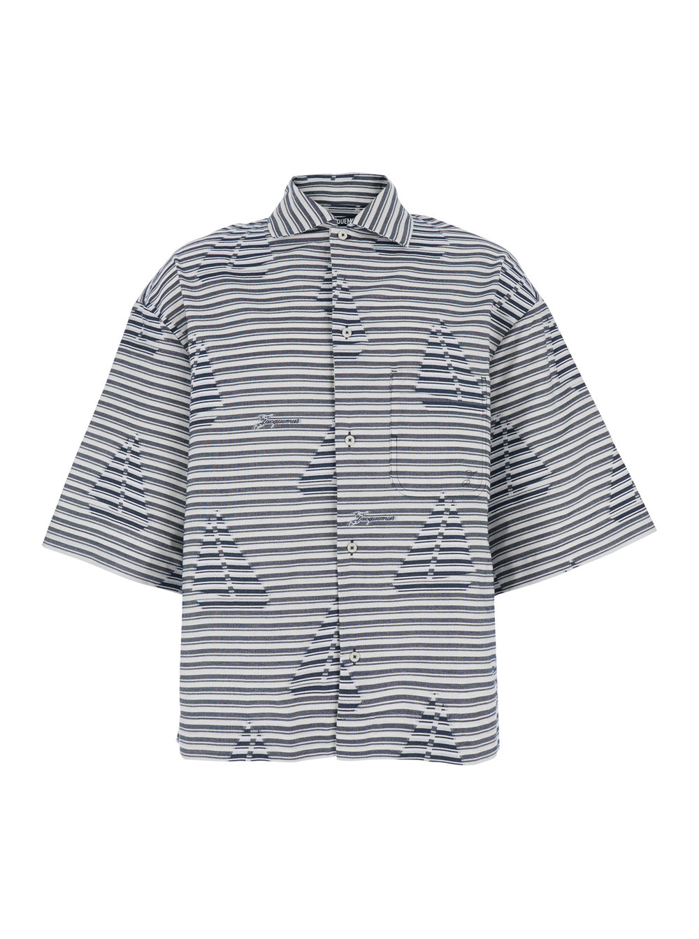 Jacquemus Men 'La Chemise Plage' Blue Bowling Shirt With Sailboat Stripe Motif In Cotton For Men