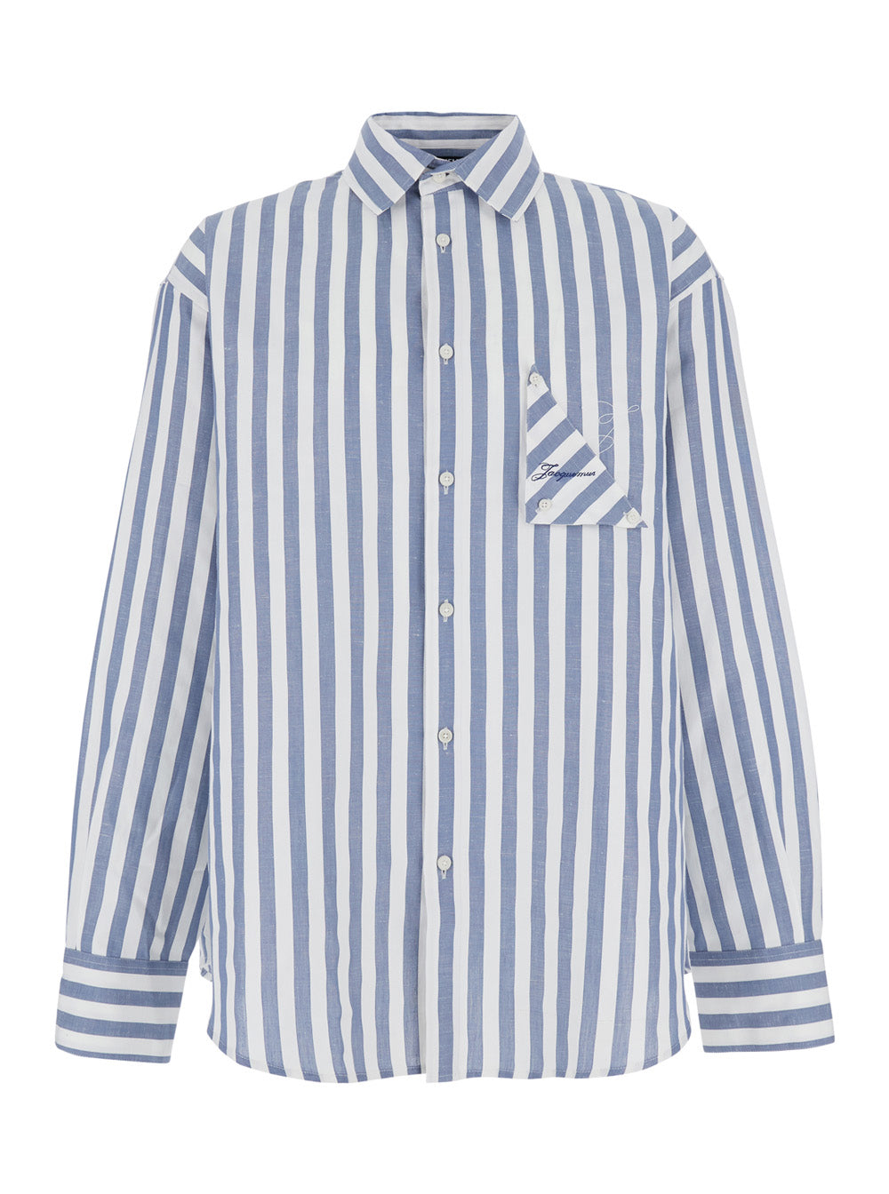 Jacquemus Men 'La Chemise Voilier' Light Blue Shirt With All-Over Striped Motif And Logo Embroidery On The Front In Cotton And Linen For Men